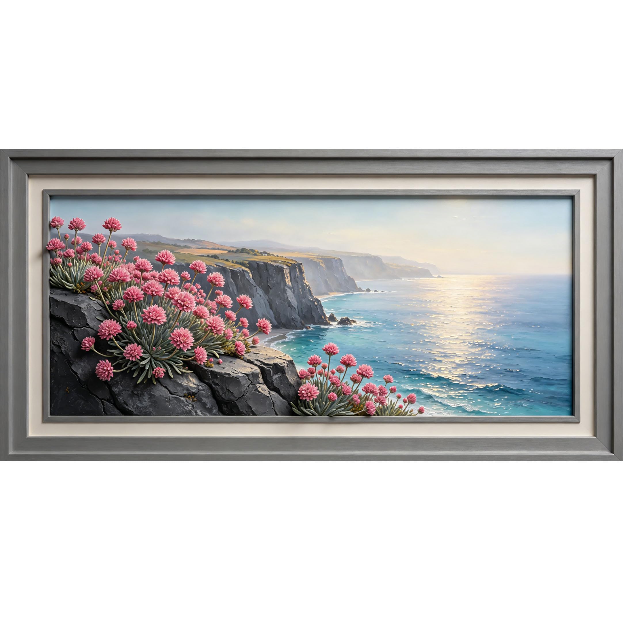 Agglomerix 3D Framed Wall Art Coastal Landscape Botanical Ocean Cliff Pink Flowers Seaside Rock Waves Large Size Self-Adhesive Removable Wall Decor Prints Artwork for Living Room Bedroom Office