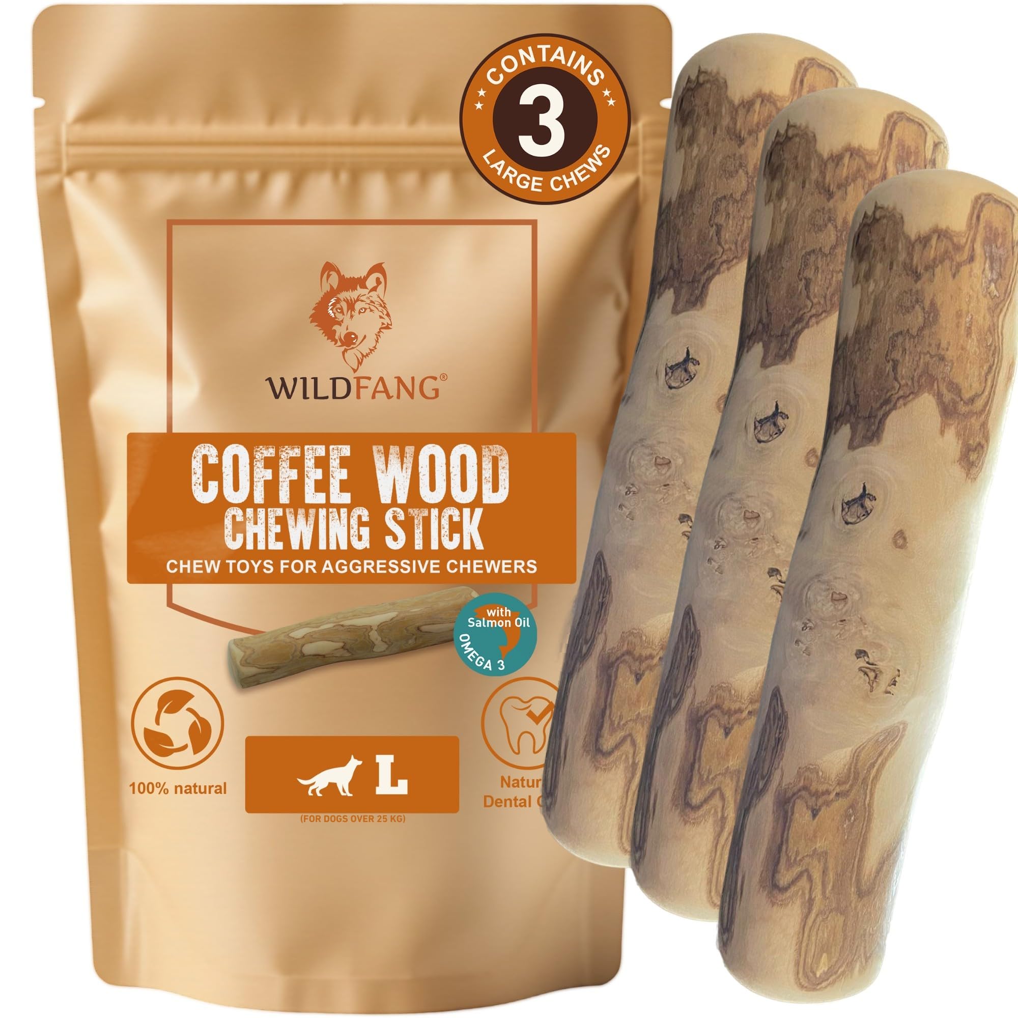 Wildfang® Coffee Wood Dog Chew w/Salmon Oil – Durable Dog Toys for Aggressive Chewers, Dental Stick for Teething Puppy, Training for Chewing Muscles, Coffee Tree Sticks for Large Dogs (Over 25 kg), 3X