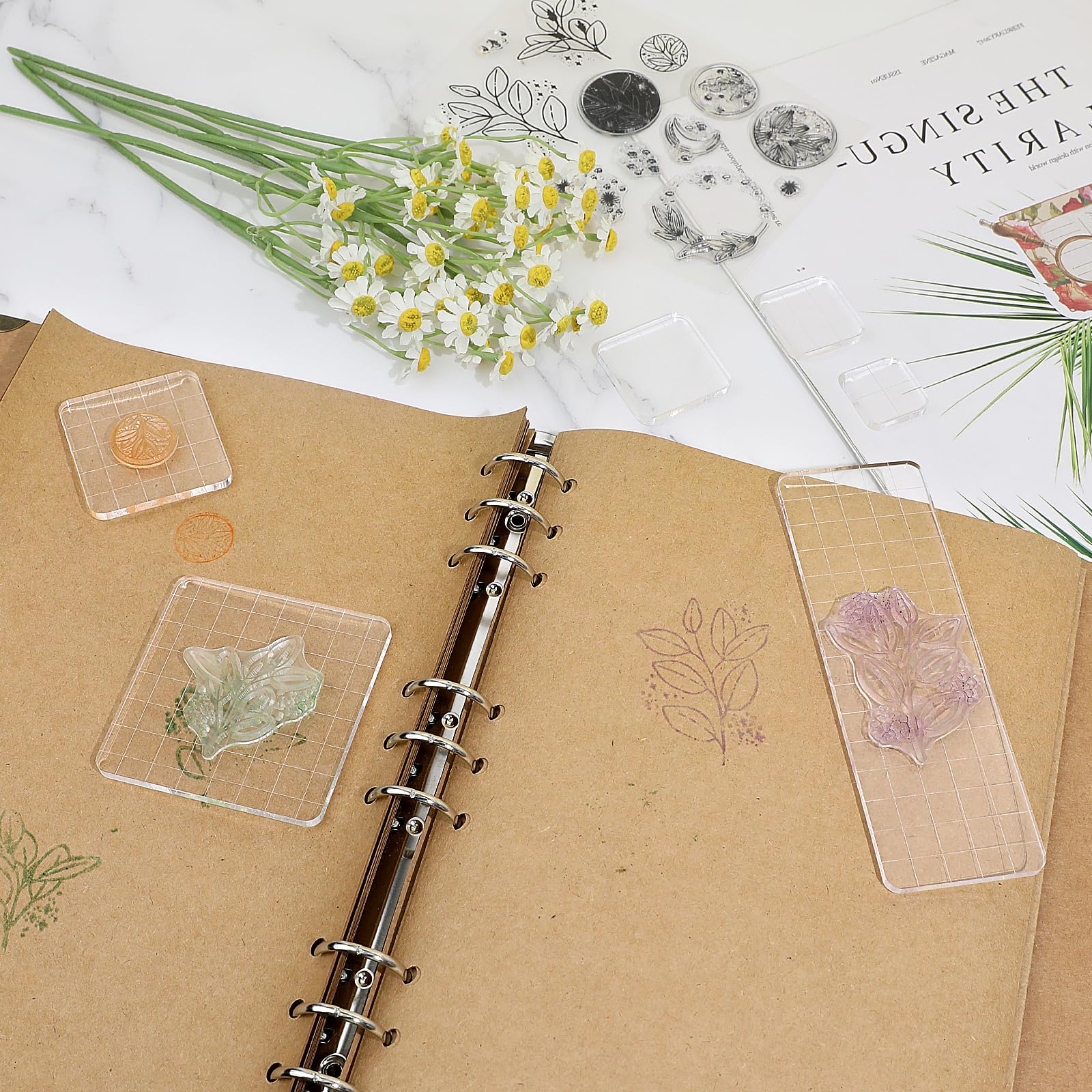 Set van 6 acryl stempelblokken, transparante acrylblokstempels met rasterlijnen, acryl stansblokken voor scrapbooking, kaarten maken, knutselen, kerstkaarten, siliconen stempels, doe-het-zelf