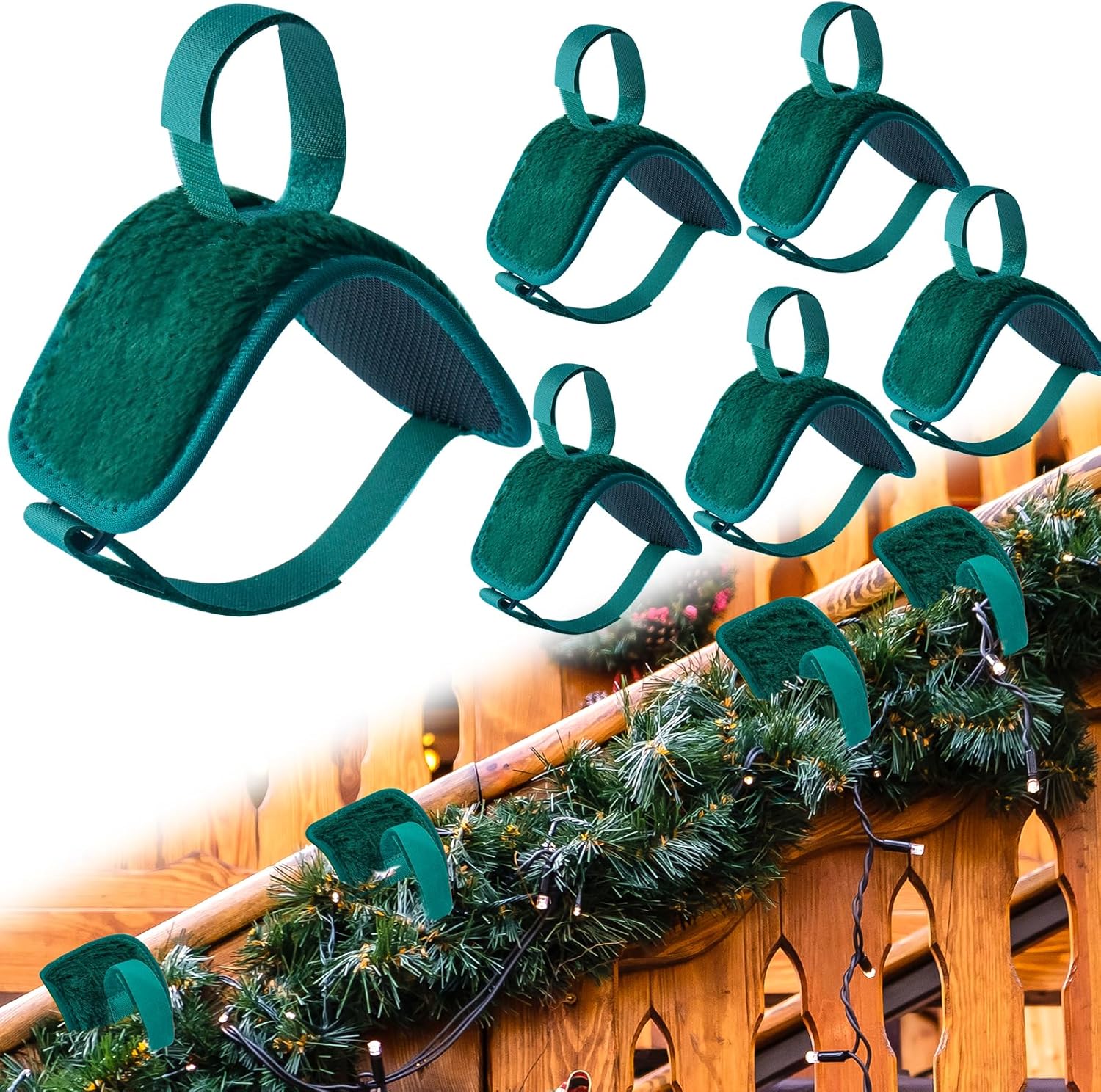 6 Pcs Christmas Railing Protection Garland Ties for Banister, Green Adjustable Padded Garland Hanger Decorative Holiday Wreath Ties with Non-Slip Padding Prevents Scratches for Indoor Staircase Decor