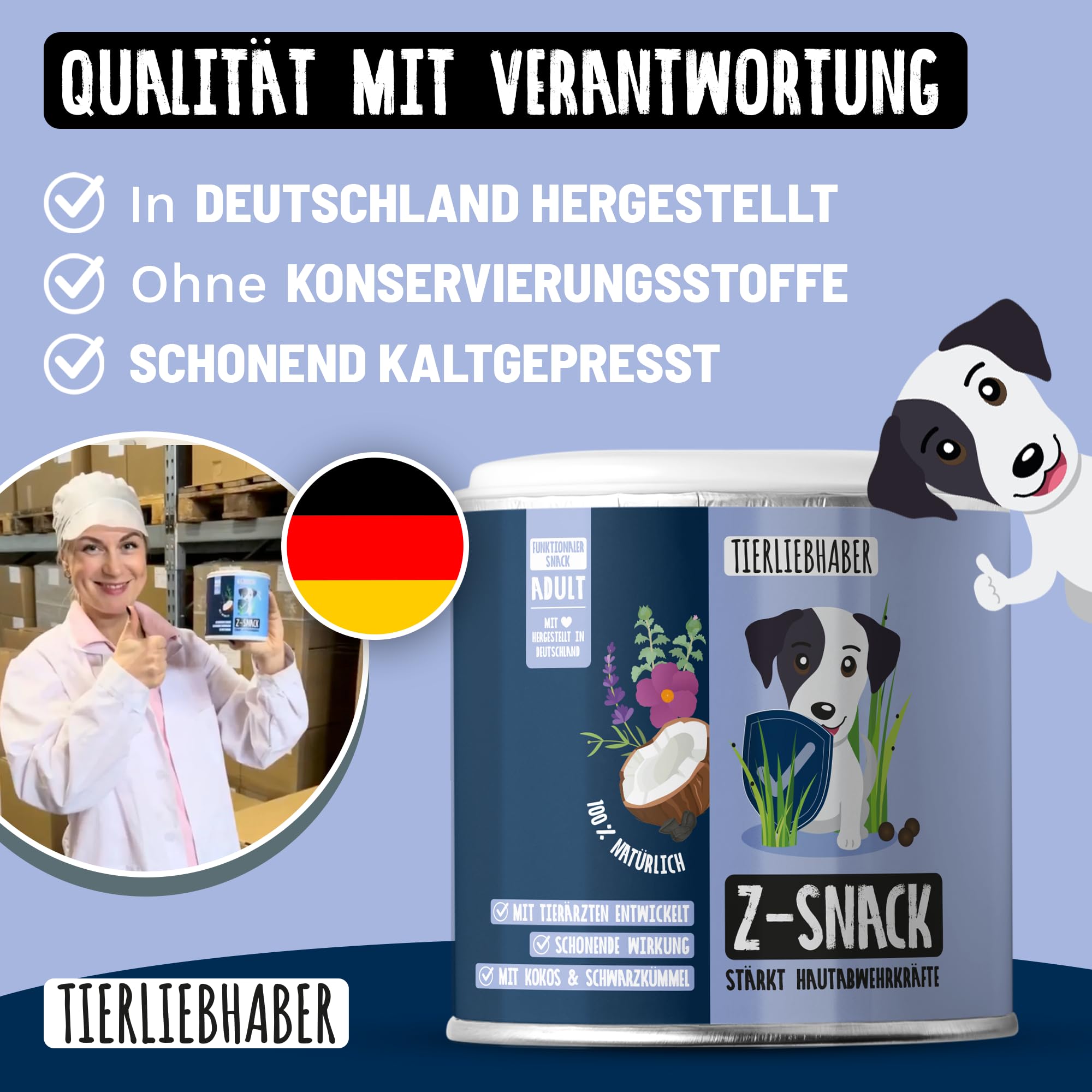 TIERLIEBHABER Z-Snack – Optimales Leckerli für die Saison – Tierärztlich entwickelt – Stärkt Hautabwehrkräfte – Kaltgepresste Belohnung mit Schwarzkümmel, Kokosöl & ätherischen Ölen – 350 g