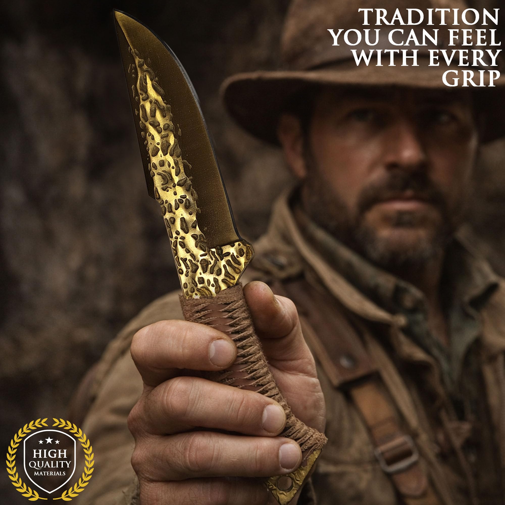 Swords and more Coltello da Caccia Forgiato a Mano Stile Celtico – Lama Dorata in Acciaio 7CR17MOV con Fodero in Pelle – Coltello a Lama Fissa Robusto ed Equilibrato