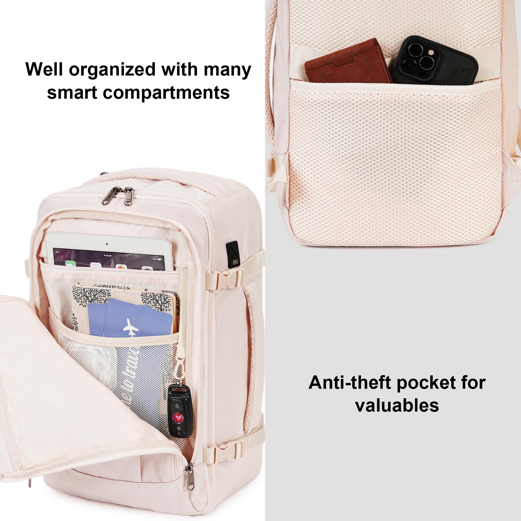 ECOHUB Zaino Ryanair 40x20x25, Zaino da Viaggio da 20L con 13 Tasche, Bagaglio a Mano, Borsa da Cabina per Voli, Zaino Donna Uomo in PET Riciclato per Trekking e Lavoro, Beige