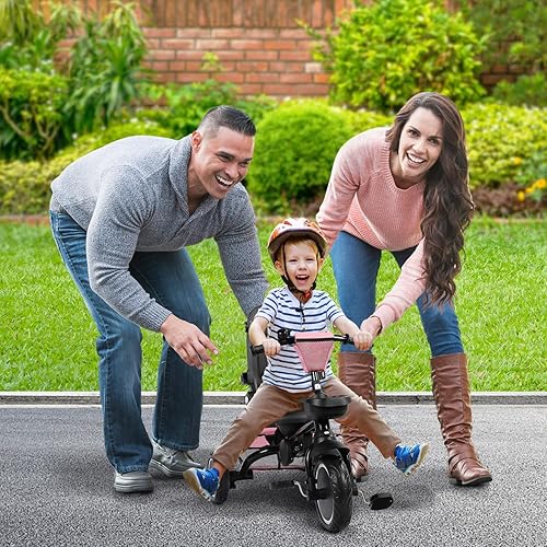Miniatura 7 de Triciclo plegable para niños, triciclo de bebé 8 en 1 con toldo extraíble y ajustable, mango para padres, arnés de seguridad de 5 pioneros,