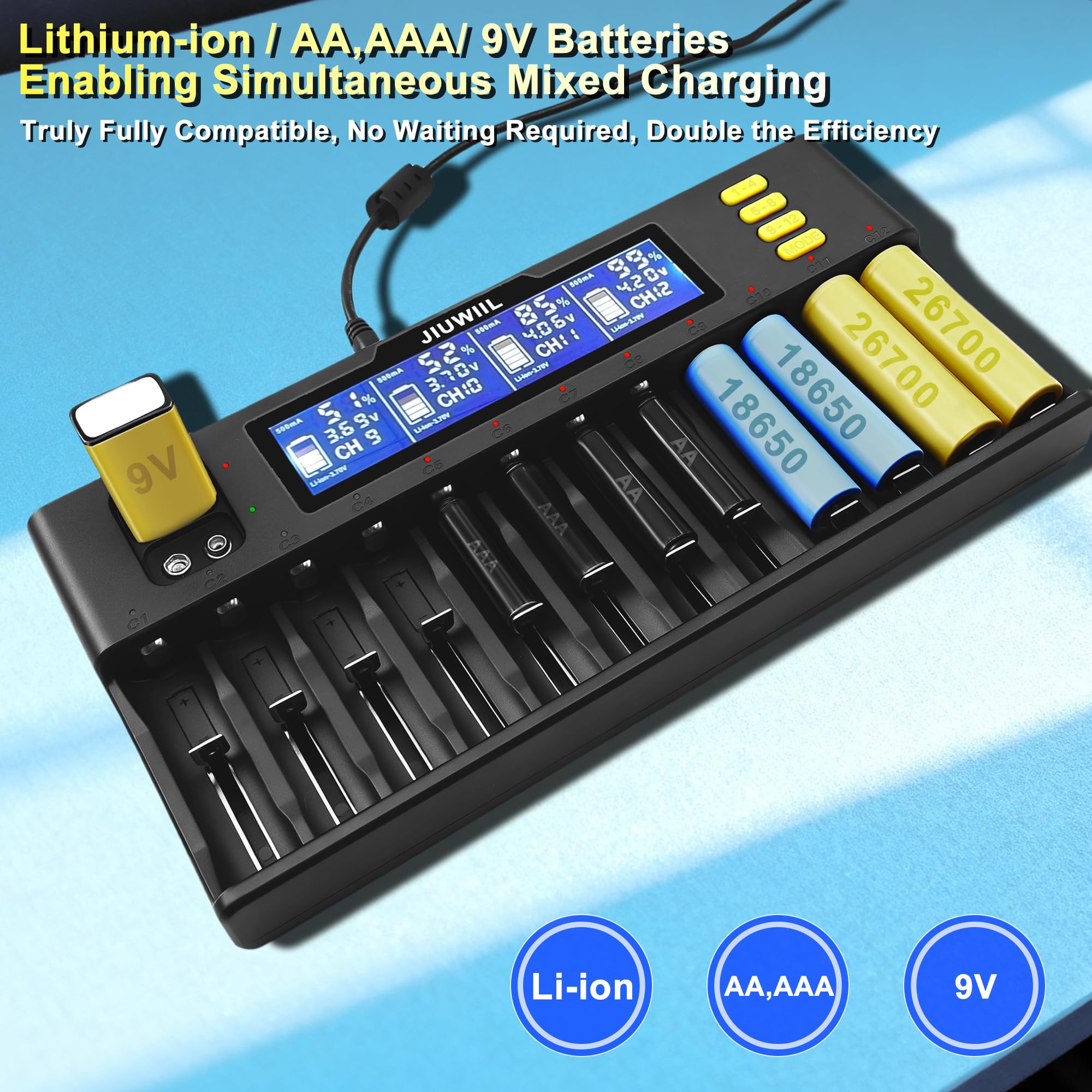 Caricabatterie 18650, JIUWIIL 12+2 slot Caricabatterie universale a ricarica rapida con display LCD per batterie ricaricabili Li-ion LiFePO4 RCR123 18650 26650 10440 14500 & 9V