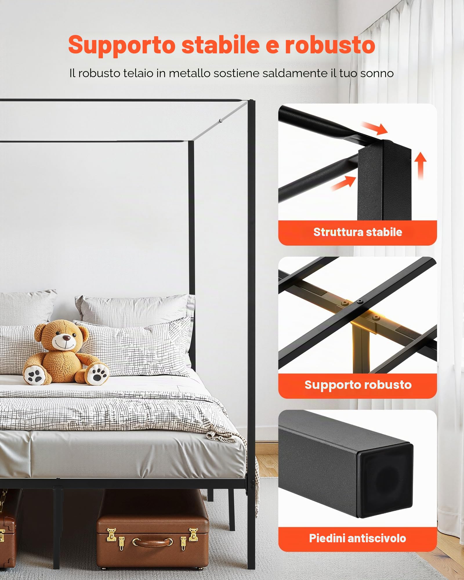 VEVOR Letto a Baldacchino Matrimoniale, Letto in Metallo con Testiera Minimalista e Design a Baldacchino, Robusto Supporto a Doghe in Acciaio Quadrate, Non Necessita di Materasso a Molle, Nero