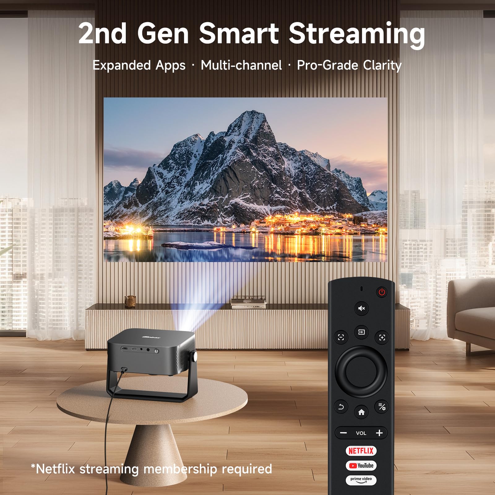 [2000 ANSI/Auto Focus & Keystone/Built-in APP] 4K Outdoor Projector with Wifi and Bluetooth, Smart Portable Projector with Built in Apps YouTube/PrimeVideo & Dolby, Home Theater Projector with HDR10+ - 2