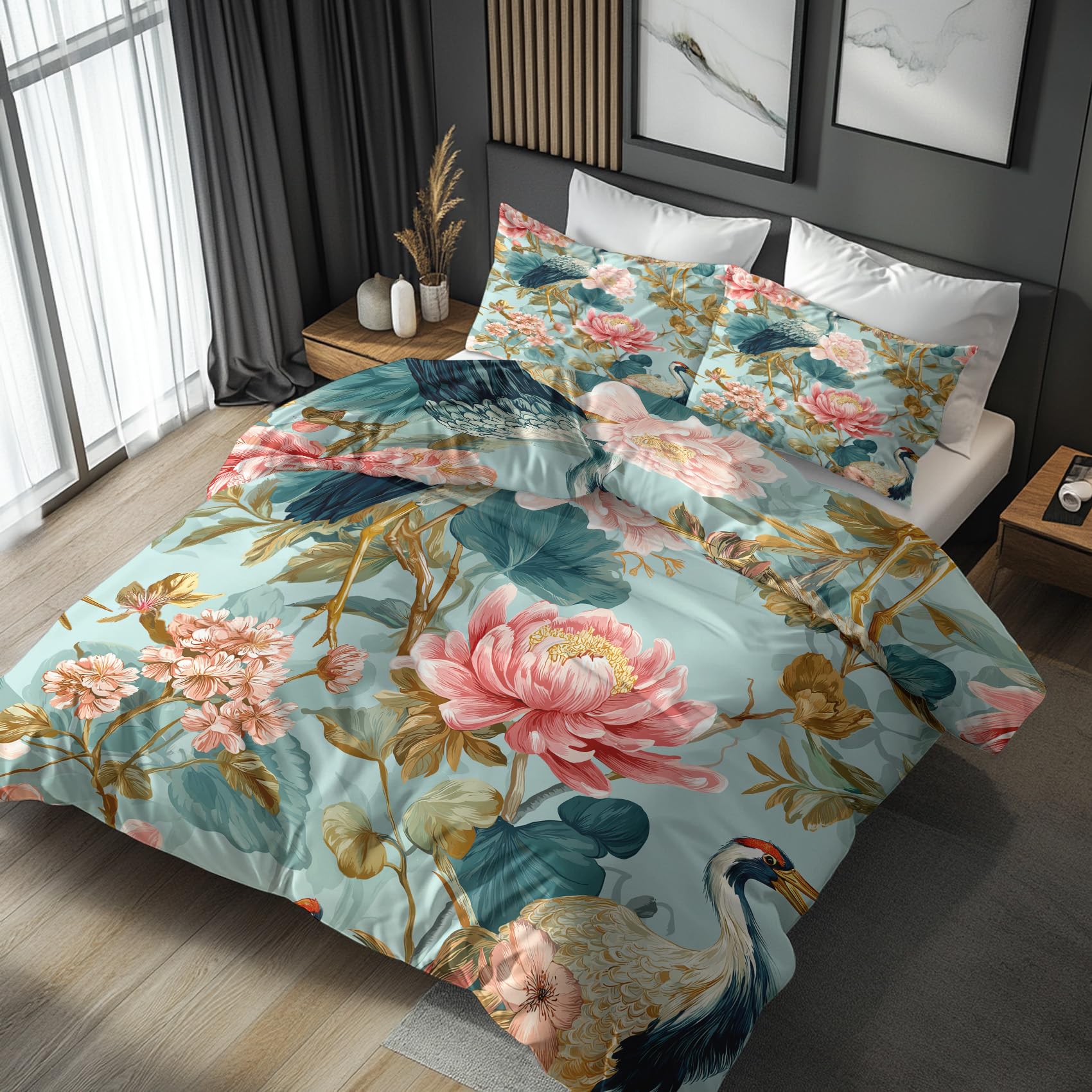 Japanese Duvet Cover Double Size, Bird Peony Chrysanthemum Duvet Cover Double Bedding Sets with 2 Pillow Cases, Japanese Bedroom Decor