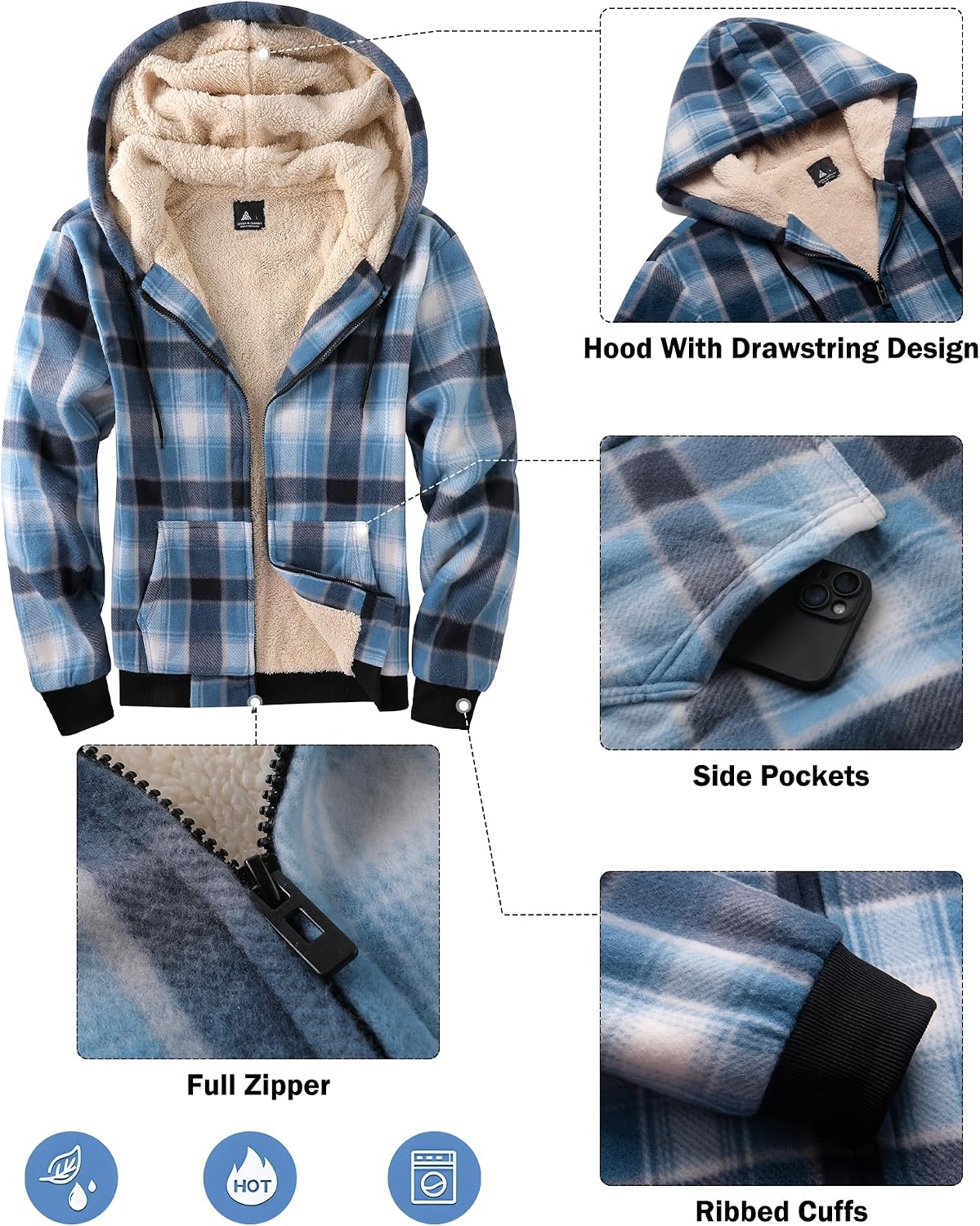 Mens Plaid Hoodies Winter Zip Up Fleece Jacket Sherpa Fleece Lined Warm Flannel Jacket Coat
