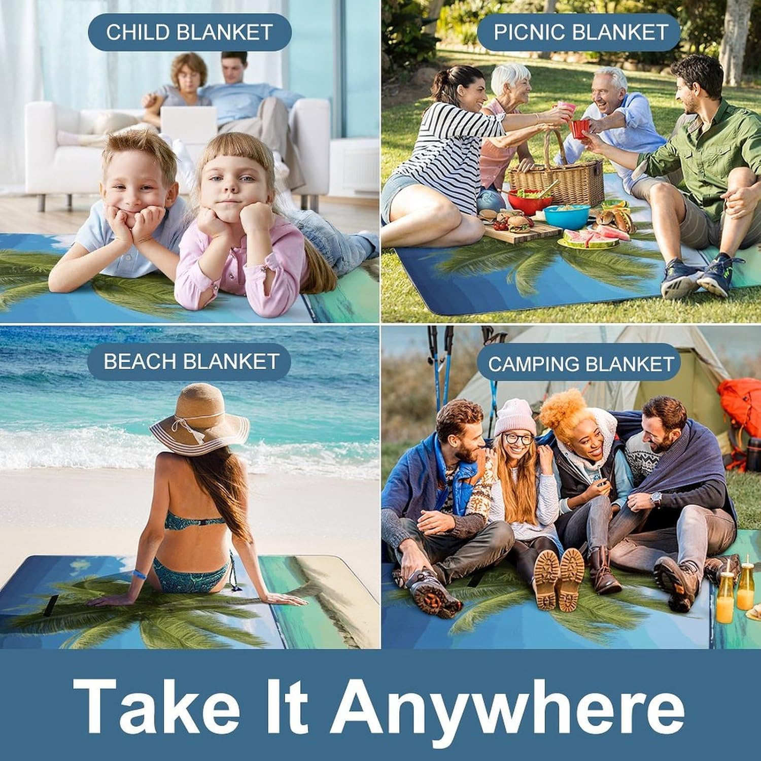 Beach Palm Tree Waterproof Picnic Blanket 58.3''x58.3'',Portable and Foldable Picnic Mat with Handle,Outdoor Blankets for Lawn Park Beach Travel
