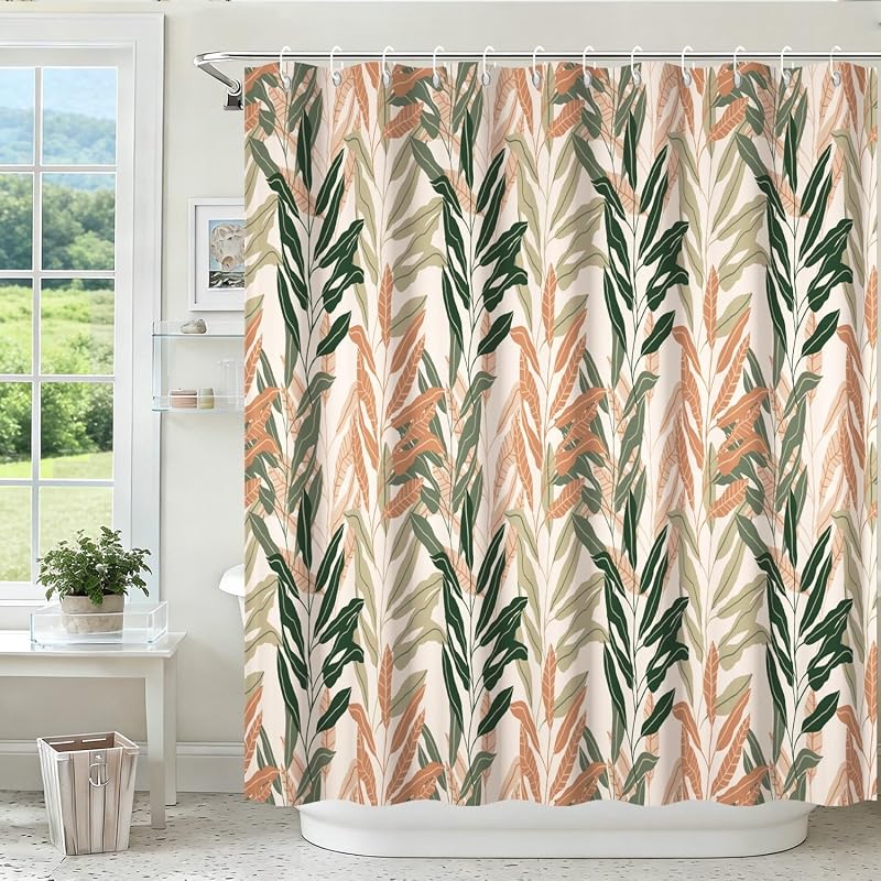 Yeele Boho Warm Tone Palm Leaves Shower Curtain, Green and Terracotta Botanical Shower Curtain, Waterproof Machine Washable Fabric Bath Curtain 72x84 Inch with Hooks