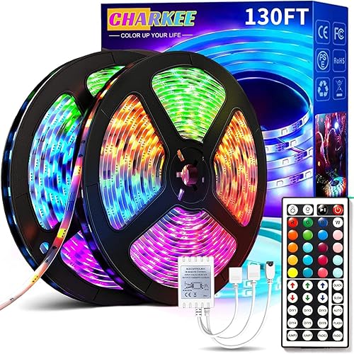CHARKEE Tira de luces LED de 130 pies (2 rollos de 65.6 pies), ultra largas RGB 5050 que cambian de color, kit de tiras de luz LED con control
