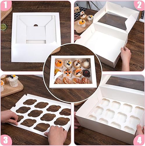 Miniatura 7 de VGOODALL 12 recipientes para cupcakes con ventana, soporte para cupcakes blanco con inserto de caja de pastelería, 12 unidades con capacidad para