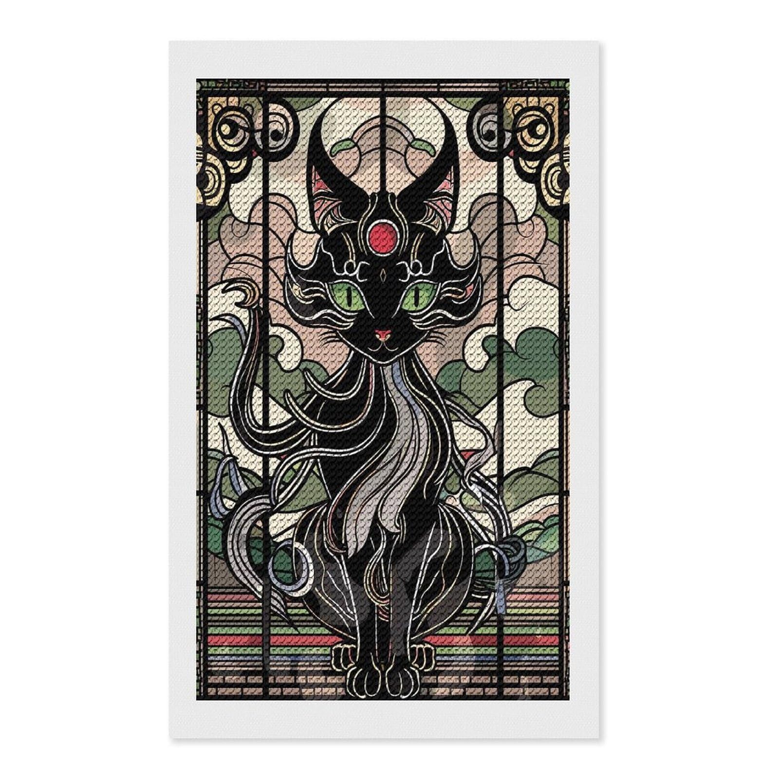 Junmoney Art Nouveau Black Cat Stained Glass Diamond Painting Kit 12"x20", Thoughtful Handmade Gift, for Creative Relaxation, Printed Canvas, Cosy Home Accent
