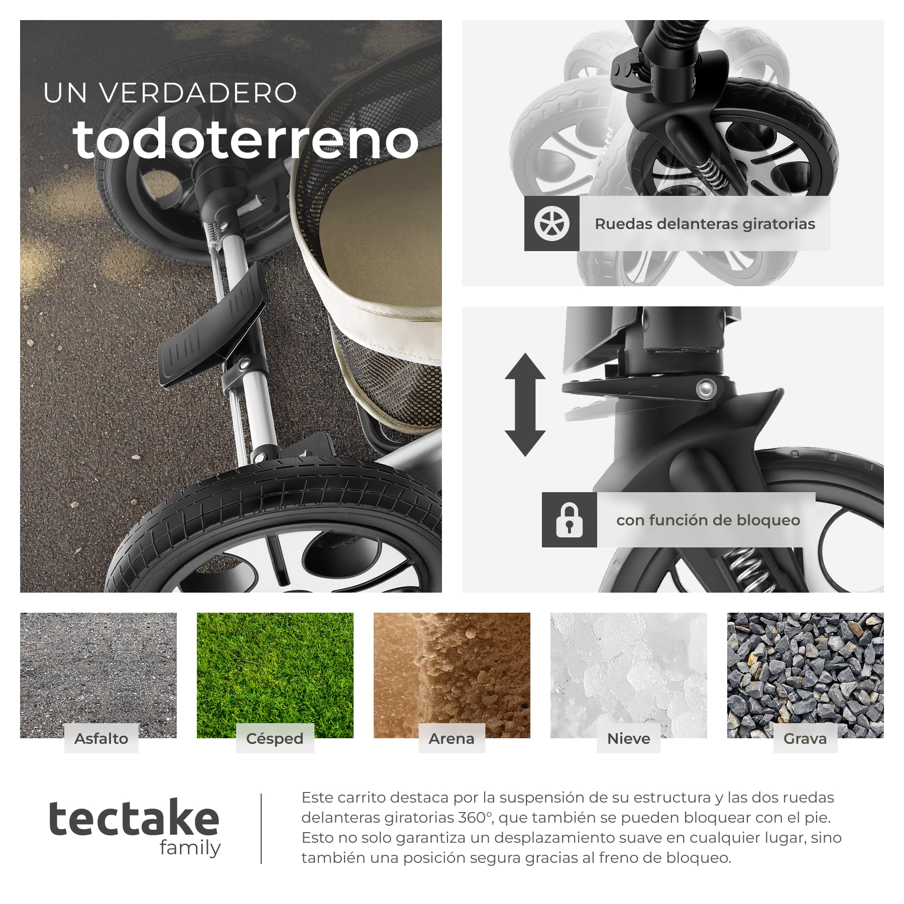 tectake® Cochecito Bebé Combinado 2 en 1, Carrito Bebé Plegable con Capazo Extraíble, Silla de Paseo con Respaldo Ajustable, Arnés de 5 Puntos, Freno de Pie y Capota Plegable, Carro Bebés - gris/beige