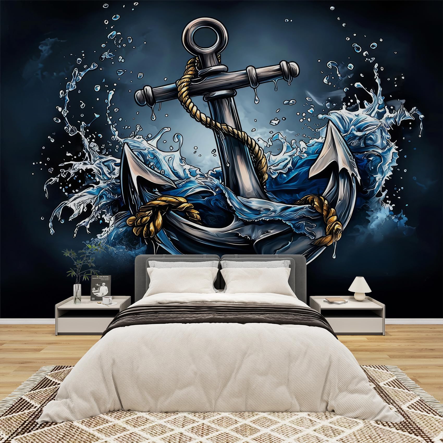 Fototapete Anker Schlafzimmer, 3D Tapete Nautisch, Vliestapete Schwarz Blau, Tapeten Wohnzimmer Muster, Meer Maritime Segeln Wand Deko Kinderzimmer, Wandtapete, Mustertapete 416x254 cm