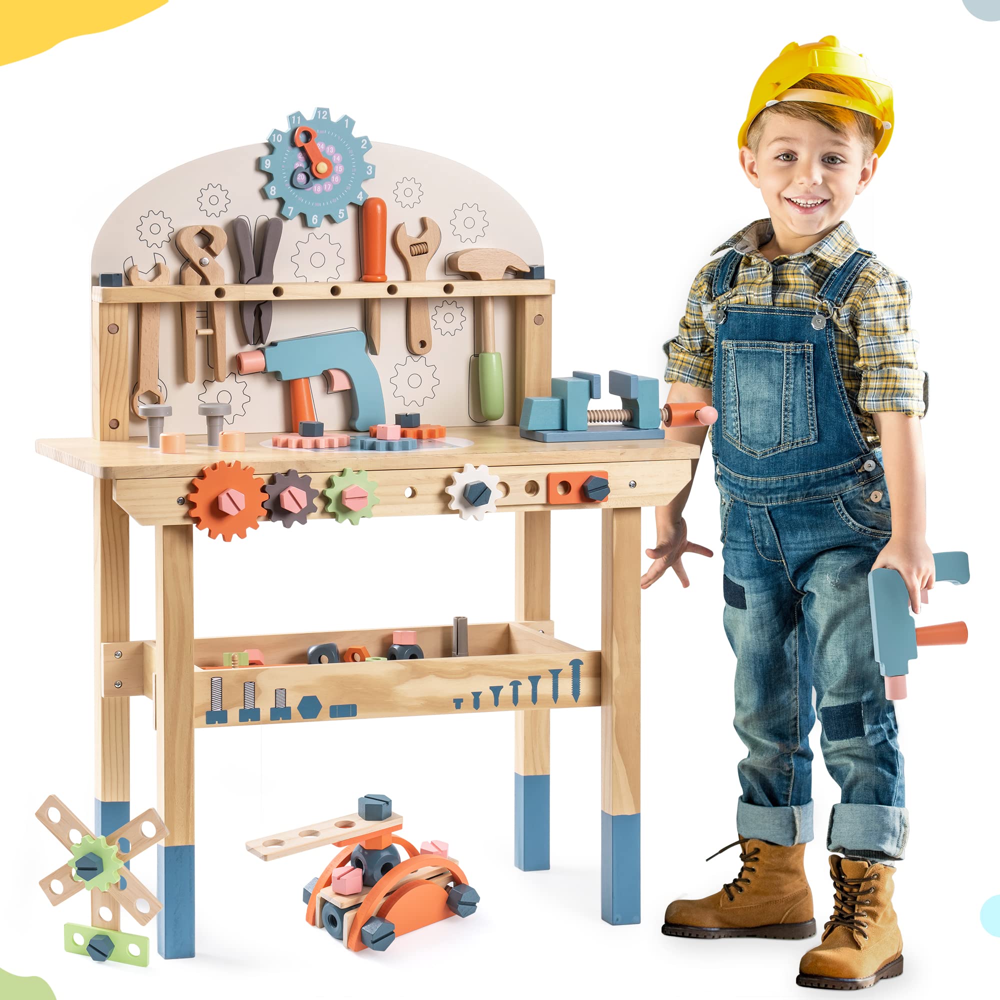 ROBOTIME Kids Tool Bench Set- Large Wooden Work Bench Construction Toys, Workshop w/Kid Toys Tool Set (41 Pieces) for Toddlers Boys Girls Age 3 4 5 6 7