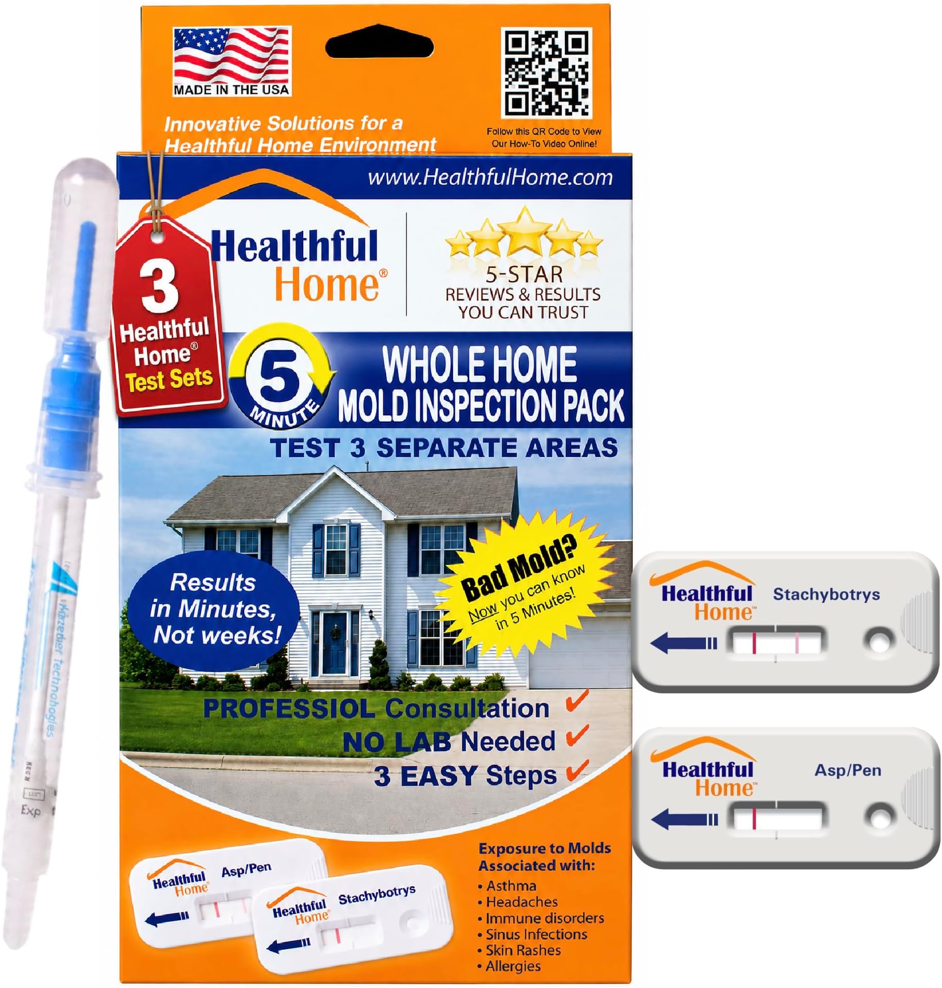 Healthful Home Whole Home Mold Inspection Pack with 3 x 5 Minute Tests | Multiple Areas, DIY Mold Detection for Aspergillus/Penicillium & Stachybotrys, No Lab Required, Expert Consultation Included