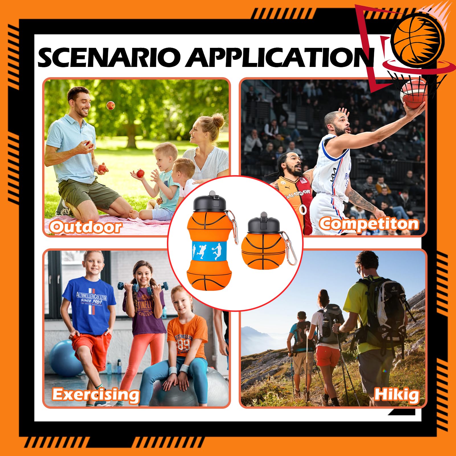 Botella de Agua Plegable de Baloncesto - Botella de Silicona sin BPA, 550ml, Ideal para Deporte y Viaje, Diseño Compacto y Reutilizable (Naranja)