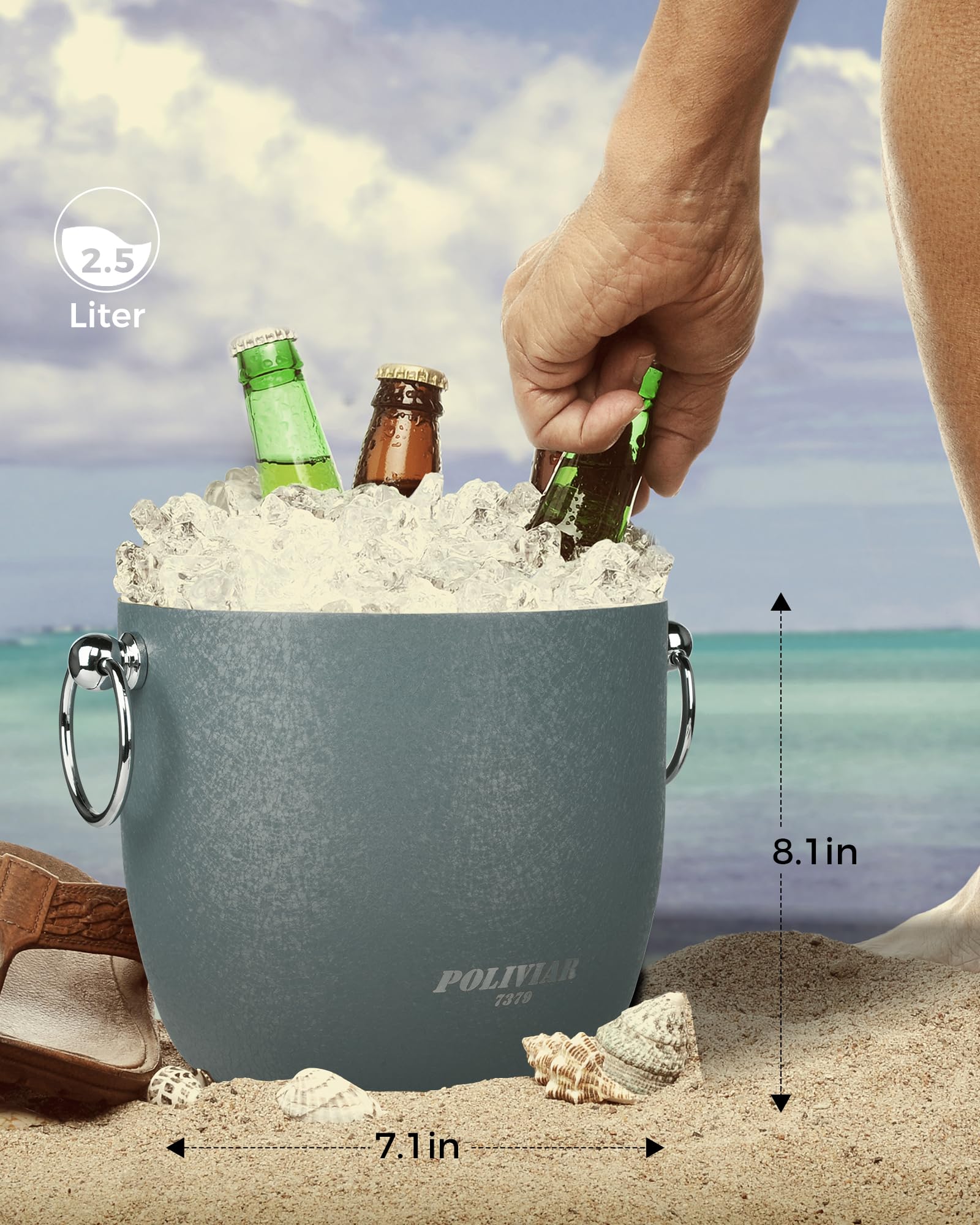 POLIVIAR JX2023-IBLU - Cubo de hielo de acero inoxidable con pinza