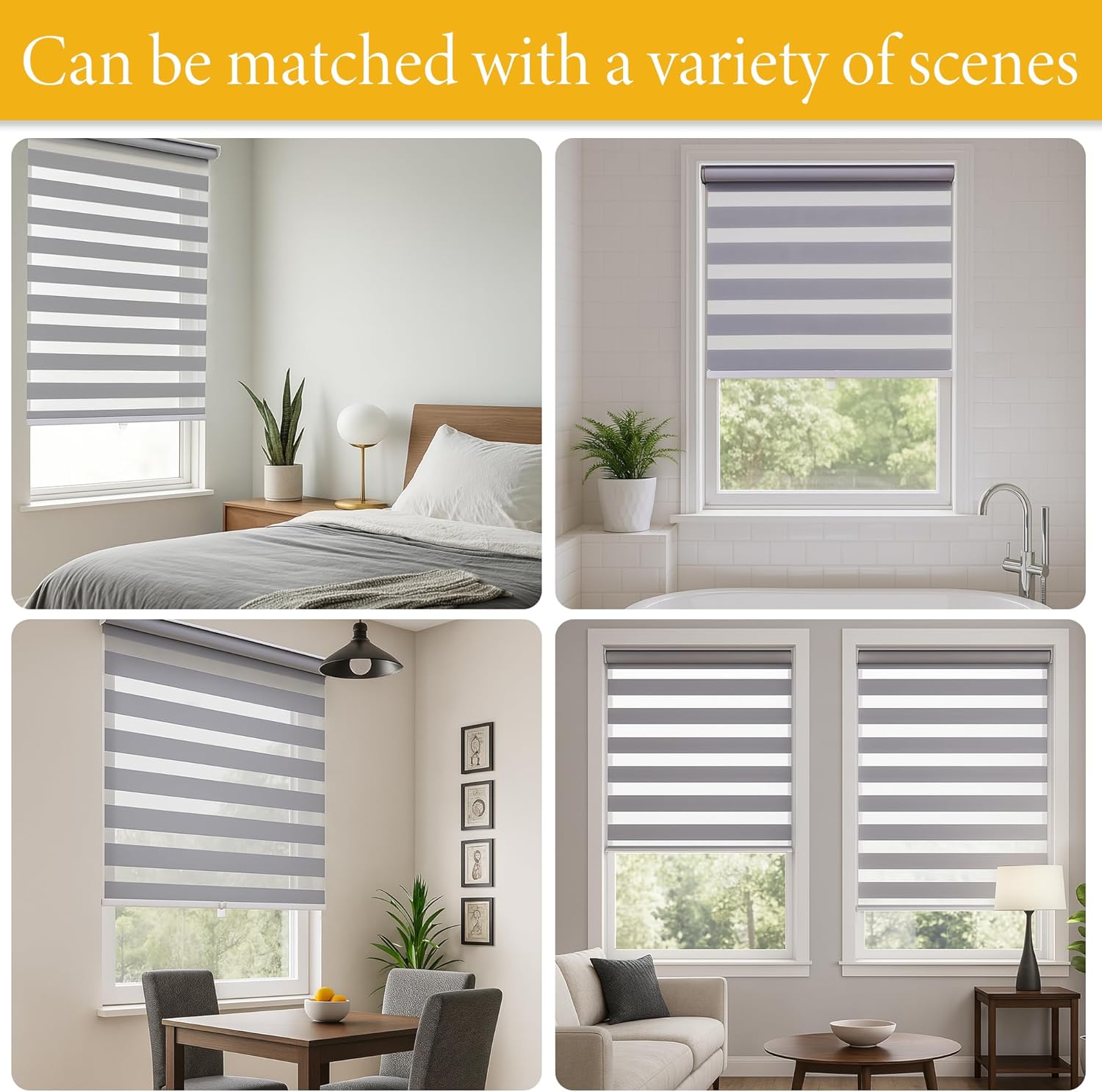 Zebra Blinds, Cordless Blinds for Windows, Roller Shades, Double Layered, Sheer Privacy or Light Filtering Shades for Day and Night, Window Blinds for Home, Office, Kitchen, 36W X 47H, Grey