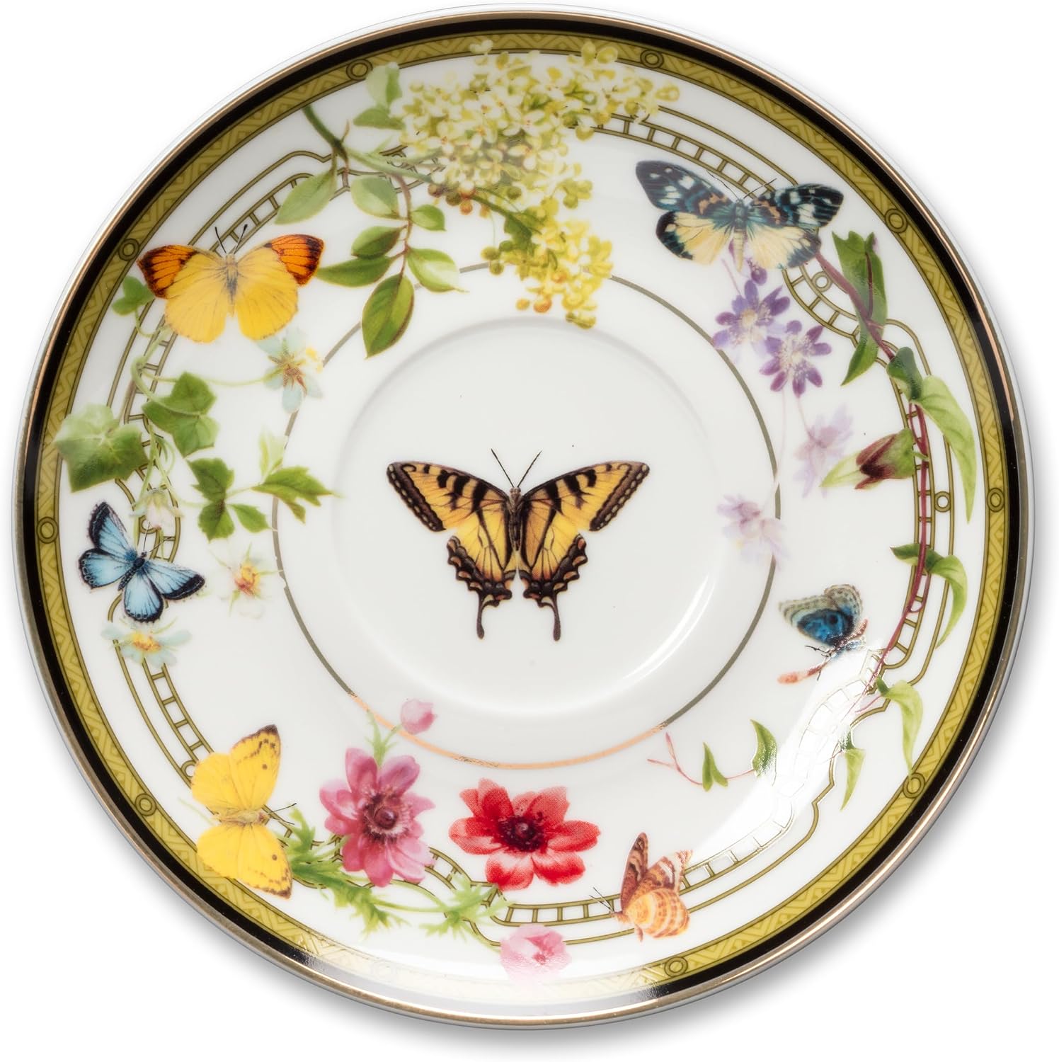 Abbott Collection Butterfly Garden Cup & Saucer | Bone China with Real Gold Rim, White/Green, 8oz, 3"H