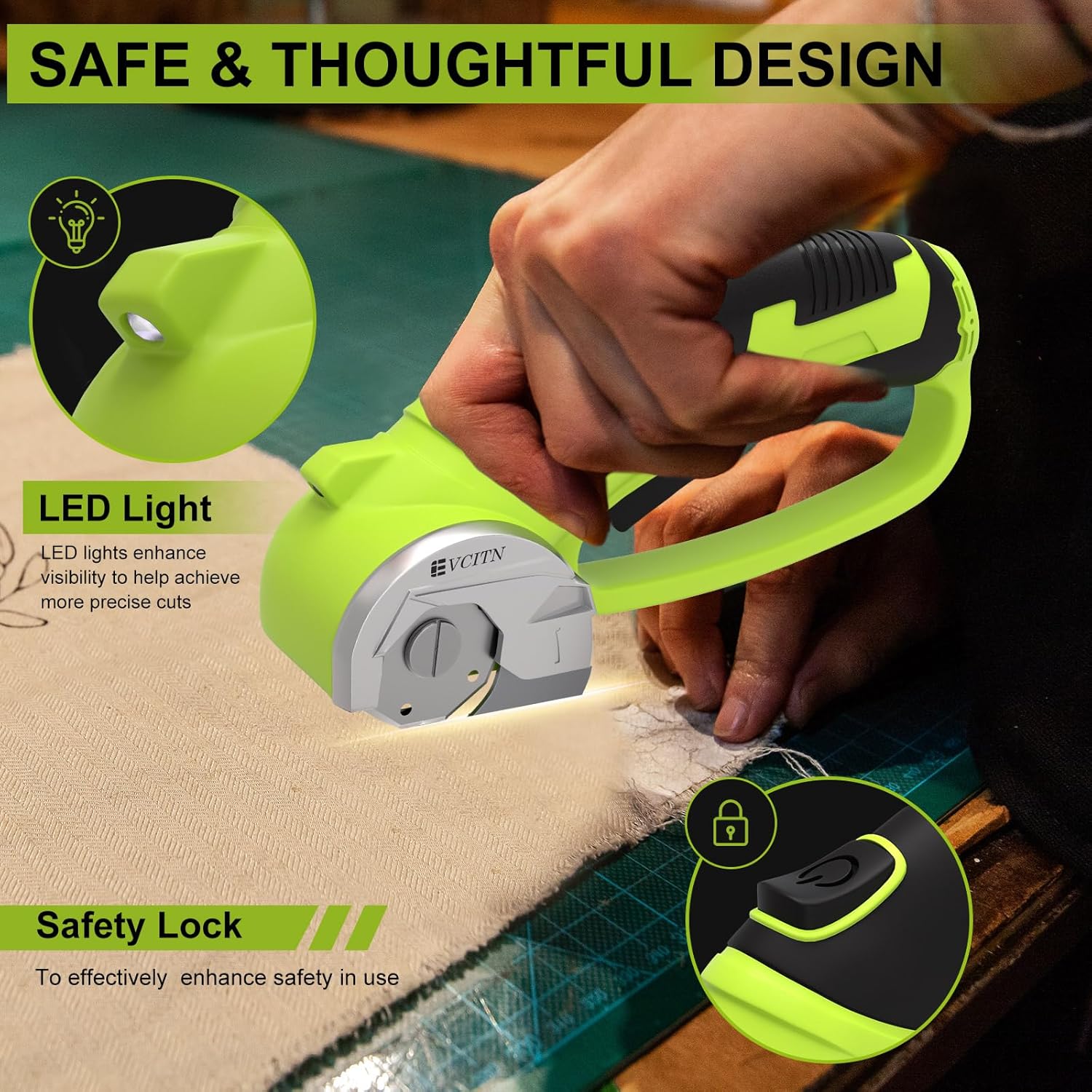 Cordless Electric Scissors,4V Rechargeable Electric Box Cutter for Cardboard, Heavy Duty Cardboard Cutter for Fabric,Rotary Cutter with LED Light for Crafts Leather, Plastic or Carpet,Green