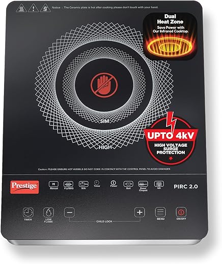 Prestige PIRC 2.0 2000 Watts Infrared Dual Heating Zone Cooktop |High Voltage Surge Protection| Dual Heat Mode| Radiant Heating Technology| Feather…