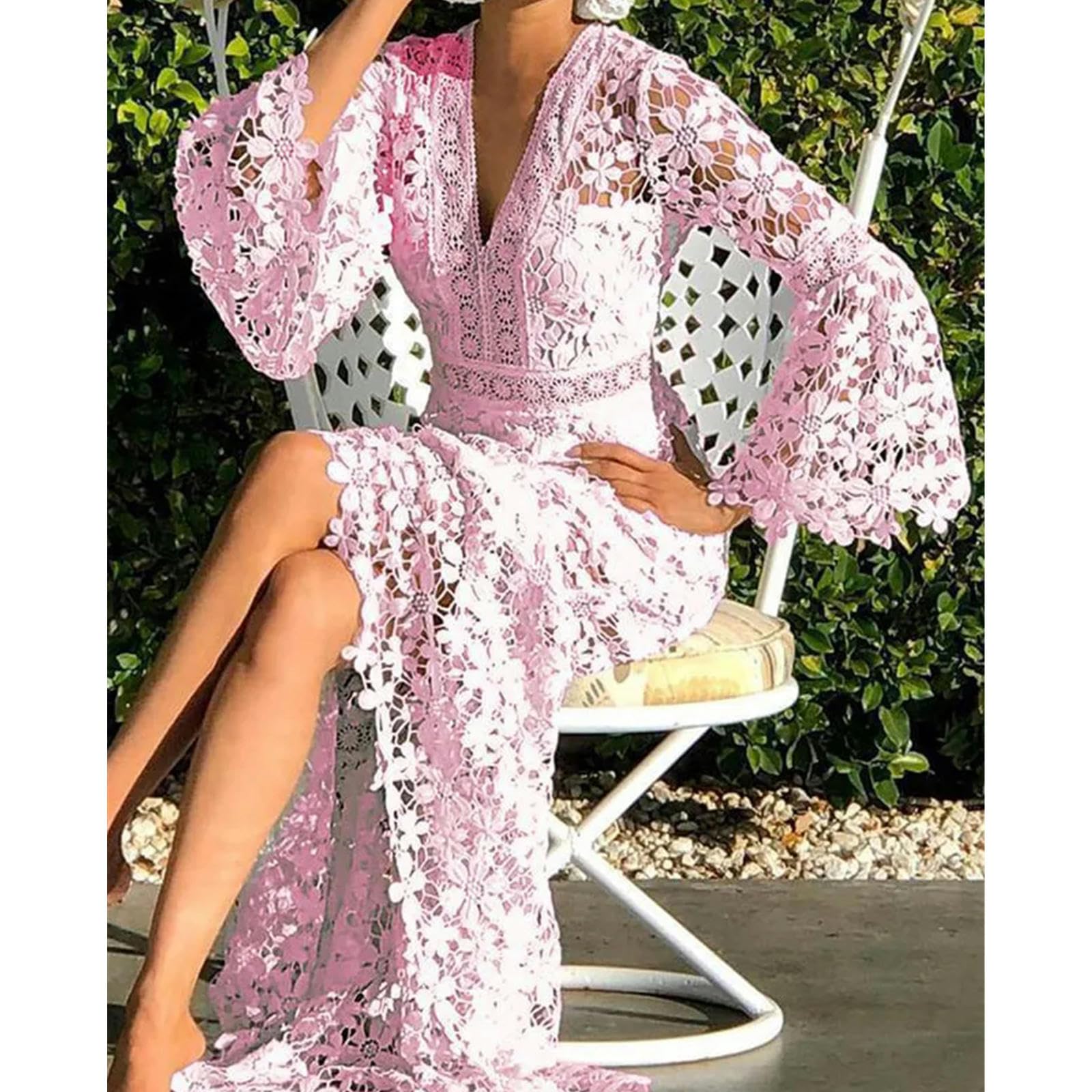 TEidea Vestito Donna Elegante Donne in Pizzo: Elegante Scollo A V, Polsini Fluidi, Abito da Festa Vuoto Casual