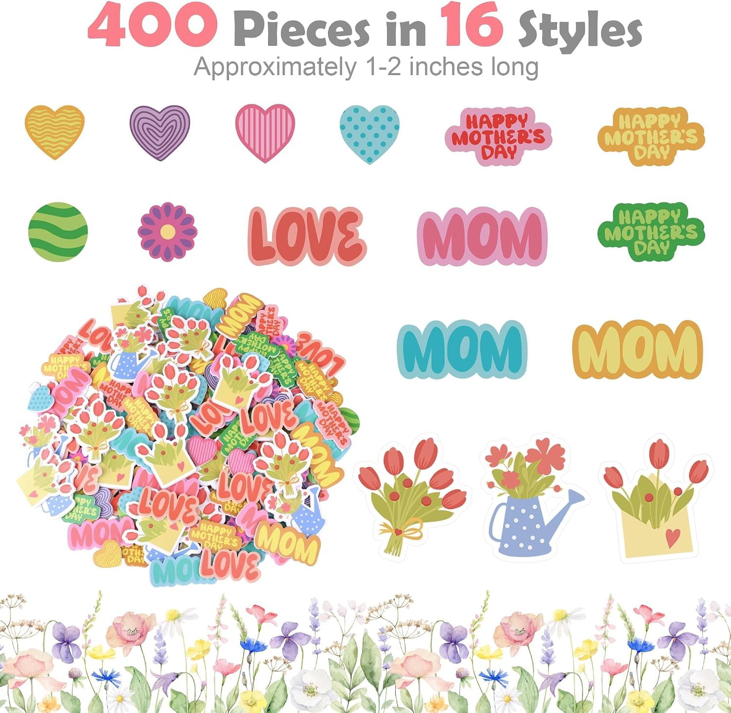 Fovths 400 Pieces Mother's Day Foam Stickers, Hearts Flowers Envelopes Dots Mom Adhesive Craft Stickers, DIY Craft Decorations Party Supplies for Happy Mother’s Day Party Decoration Cards DIY Crafts