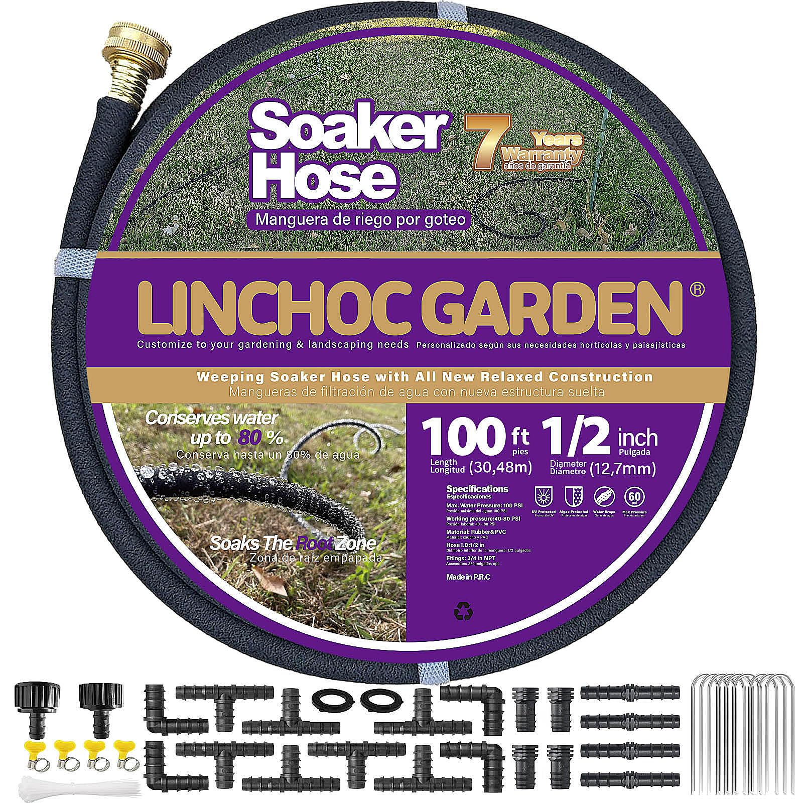 LICNCHOC GARDEN Soaker Hose 100ft,1/2 INCH Flexible Durable Garden Hose for Efficient Watering, Leak-Proof Design 100% Recycled Rubber,Ideal for Lawns,Gardens & Flower Beds