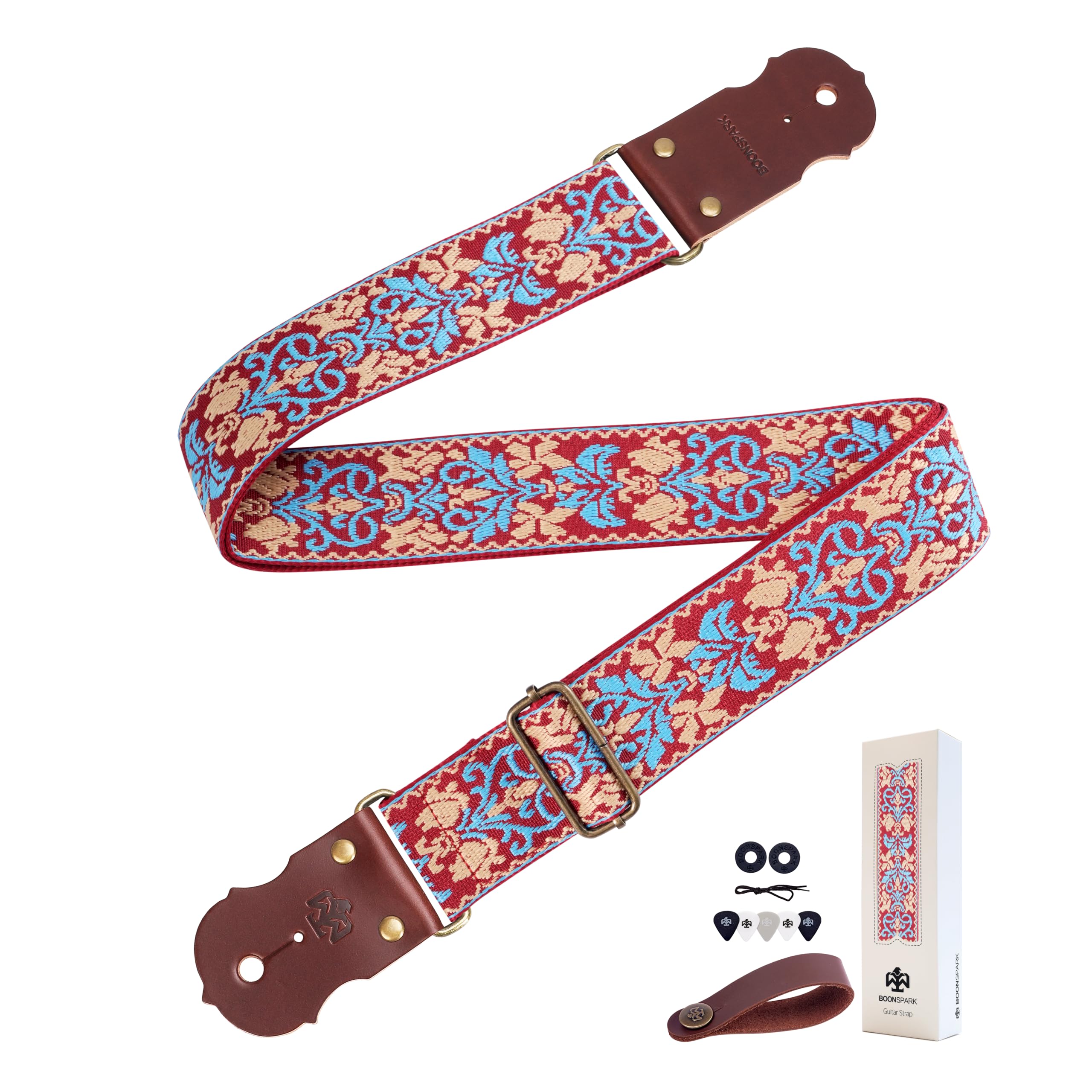 Guitar Strap - Thick Real Cowhide Ends,Safety &amp; Durable Guitar Straps with Soft Embroidery Adjustable Strap,Embroidered multicolored floral