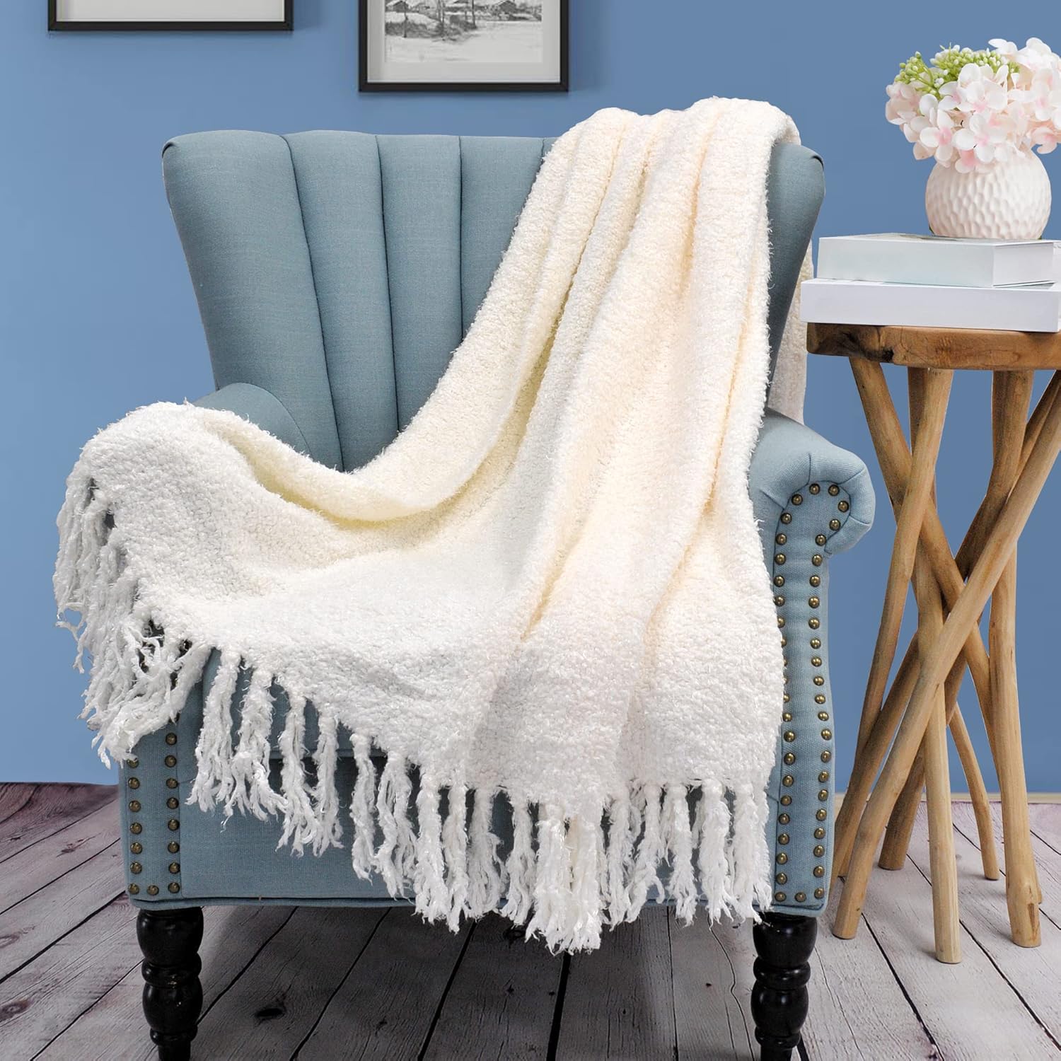 Fluffy Throw Blankets Couch Cover Throw with Fringe Tassels, Plush Fuzzy Furry Soft Cozy Lightweight Throw for Couch Sofa Bed Chair Home Decor, 60" x 80", Cream