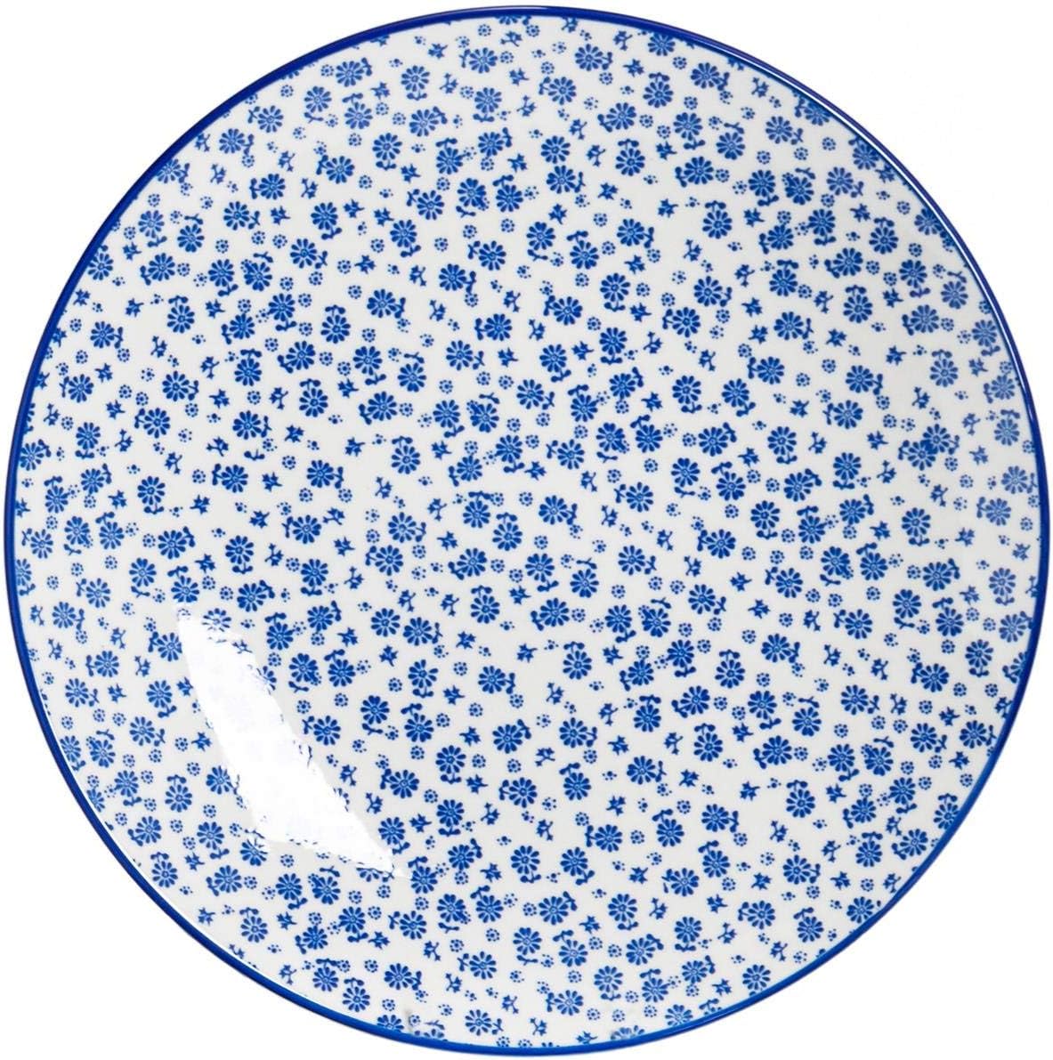 Daisy Patterned Dinner Plate - Large Porcelain Dining Dish - Navy Blue - 26.5cm