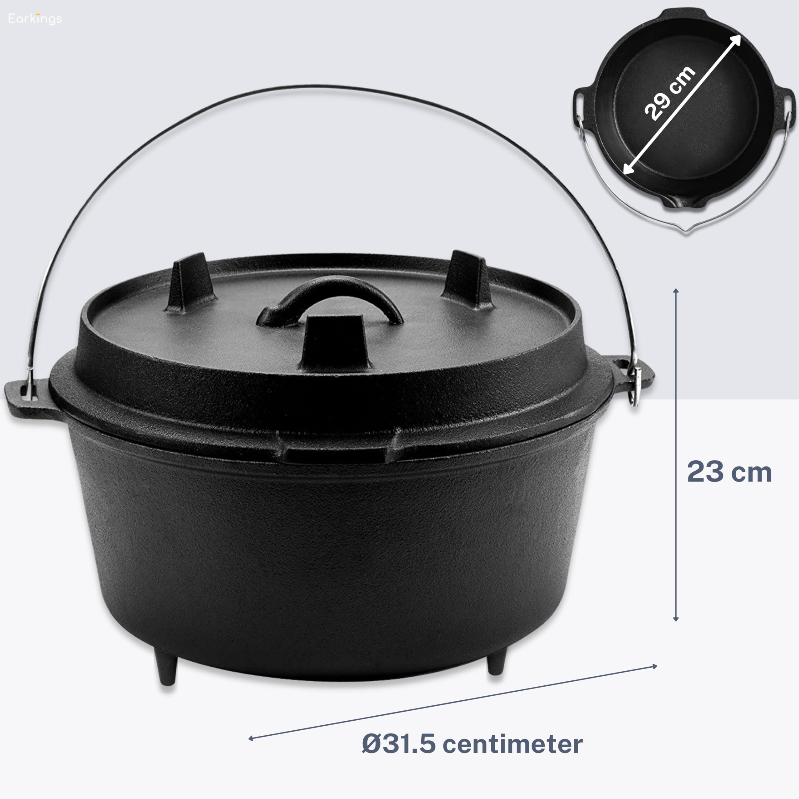 Dutch Oven Kochtopf-Set 9 Liter Gusseisen – Gusseisenpfanne mit Deckel, Schutzbeutel & Deckelheber – Outdoor Kochtopf für Kochen, Backen, Braten & Grillen, Ø 29 cm