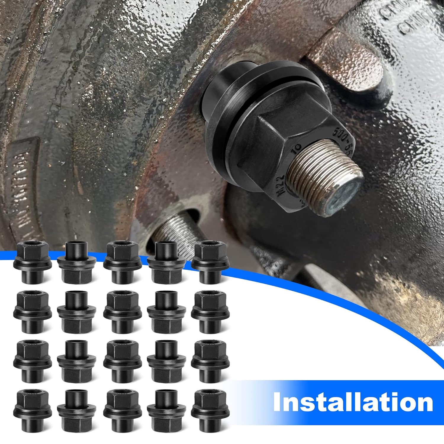 20PCS Two-Piece 19mm Sleeve Flanged Wheel Lug Nuts, M22x1.5 Hex 33mm for Heavy Duty Truck Semi Truck Fit Steel Dual Wheels with Hub Piloted Seat & 26mm Bolt Hole Size (20)