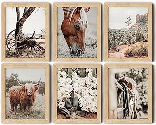 Vintage Cow Wall Art Cow Horse Decor Farmhouse Wall Decor Rustic Nature Cactus Desert Boho Neutral Country Landscape Art Print Painting for Home Farmhouse Classroom Living Room, 8x10" 6Pcs, Unframed