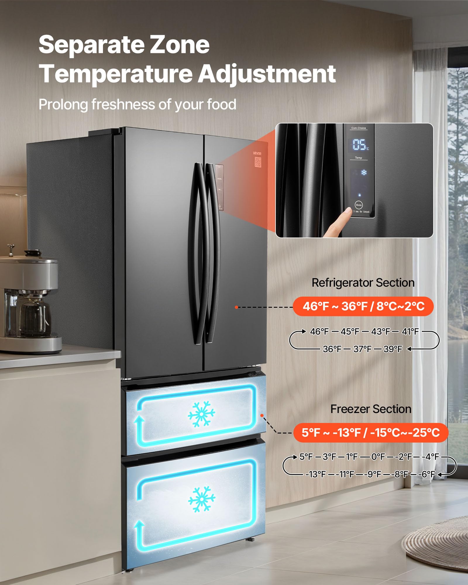VEVOR French Door Refrigerator, 18.9 Cu. Ft. Kitchen Fridge, Counter Depth French Refrigerator with LED Display and 4 Casters, Frost-Free Bottom Freezer Refrigerators for Home & Commercial Use, Black on Fridge.com