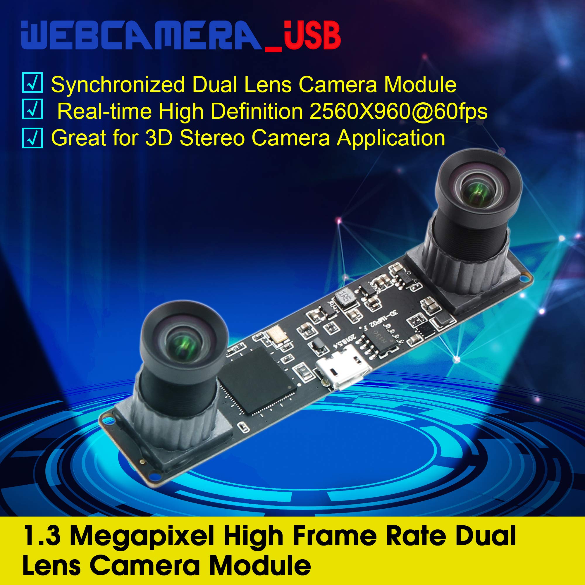 G Modulo fotocamera USB a doppio obiettivo 960p 60fps 3D stereo sincronizzato Webcam Board Modul,1,3MP Dual Lens USB con fotocamera, HD 1/3" OV9750 Webcam 100° per Windows Raspberry Pi Web Camera