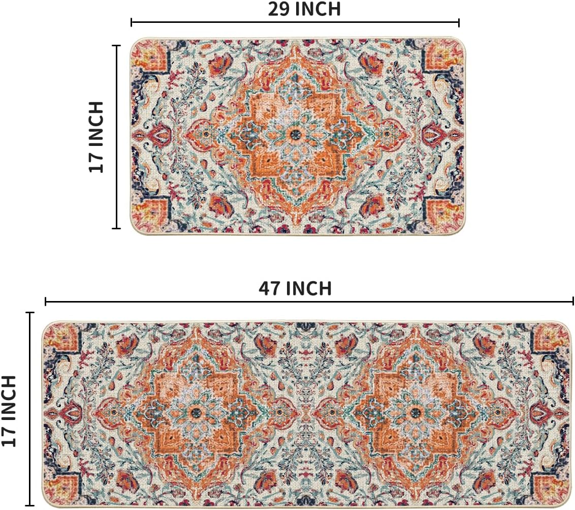 Artoid Mode Orange Flowers Bohemia Kitchen Mats Set of 2, Daily Boho Home Decor Low-Profile Kitchen Rugs for Floor - 17x29 and 17x47 Inch
