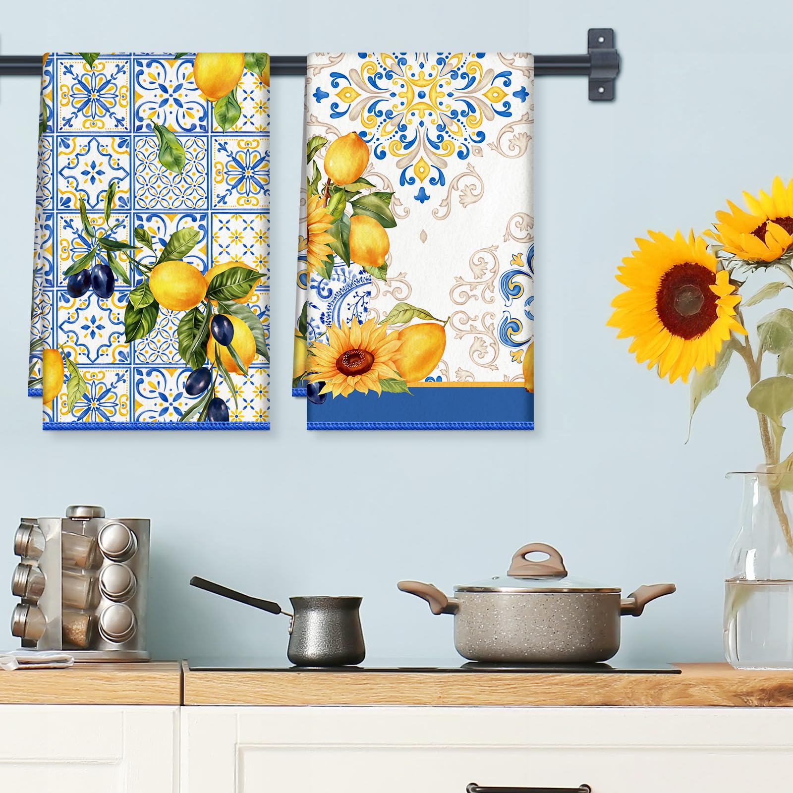 Arquiel Lemon Floral Microfiber Kitchen Towel 2Pcs, 40 × 60 cm Soft Absorbent Tea Towels - Image 3