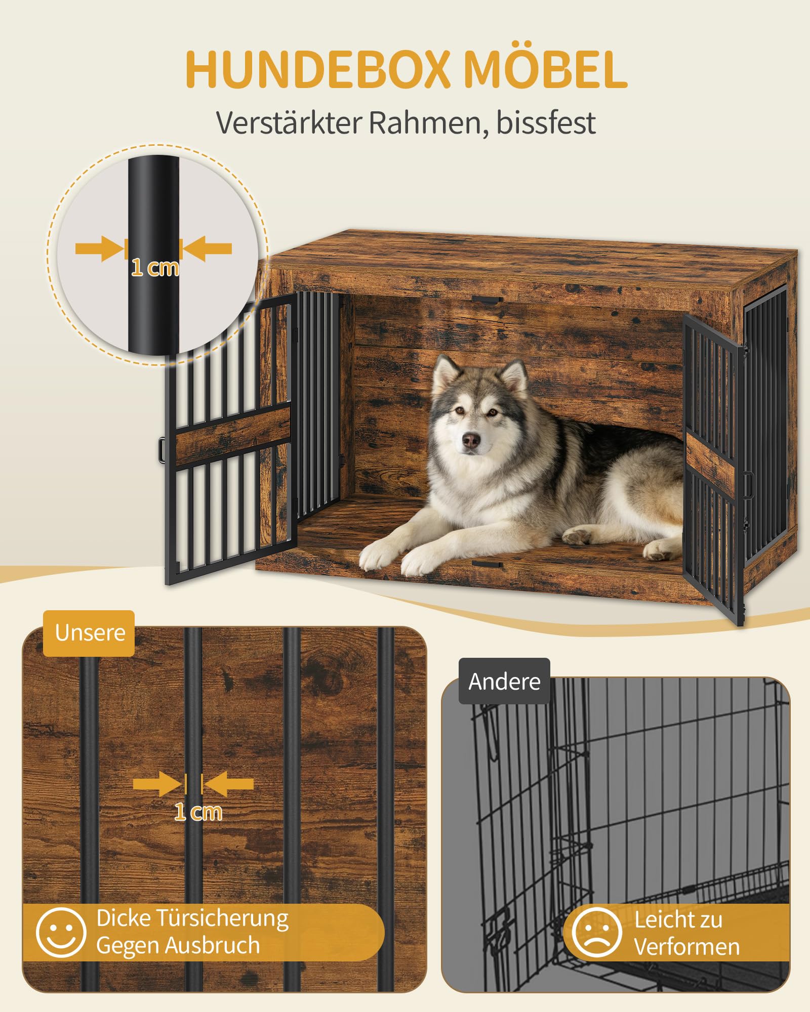Hzuaneri Hundekäfig Möbel, 120 cm Hundebox für Zuhause mit 4 Türen, XXL Hundebox Möbel, Moderne Hundebox Holz Indoor für Mittlere/Große Hunde, 120 x 75,5 x 87 cm, Vintage Braun 9220101B