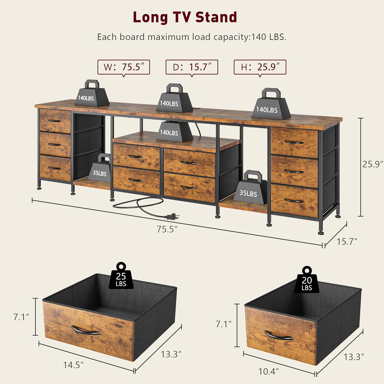 EnHomee 75, 80, 85 Inch TV Stands for Living Room, 75.5" W Entertainment Center with LED Lights & Power Outlets, TV Stand with 10 Fabric Drawers, Rustic Brown