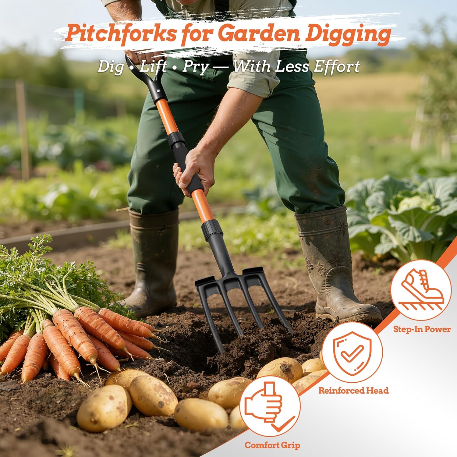 Pitch Fork for Garden Digging, 4-Tine Garden Fork with Foot Step, Ergonomic Y-Handle & Foam Grip, Lightweight Durable Pitchfork for Soil Loosening, Compost, Mulch, Weeding & Potato Harvest - 43 Inches