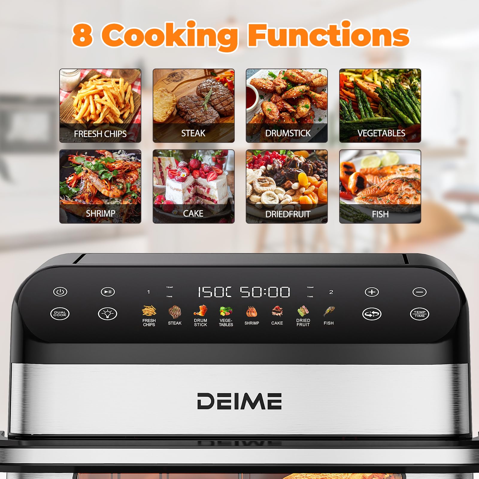 DEIME Dual Zone Air Fryer 10L Double 2400W Large Capacity Oven Air Fryers Healthy Cooker with 8 Preset, Large AirFryer for Families Visual Cooking Window, Non-Stick Basket