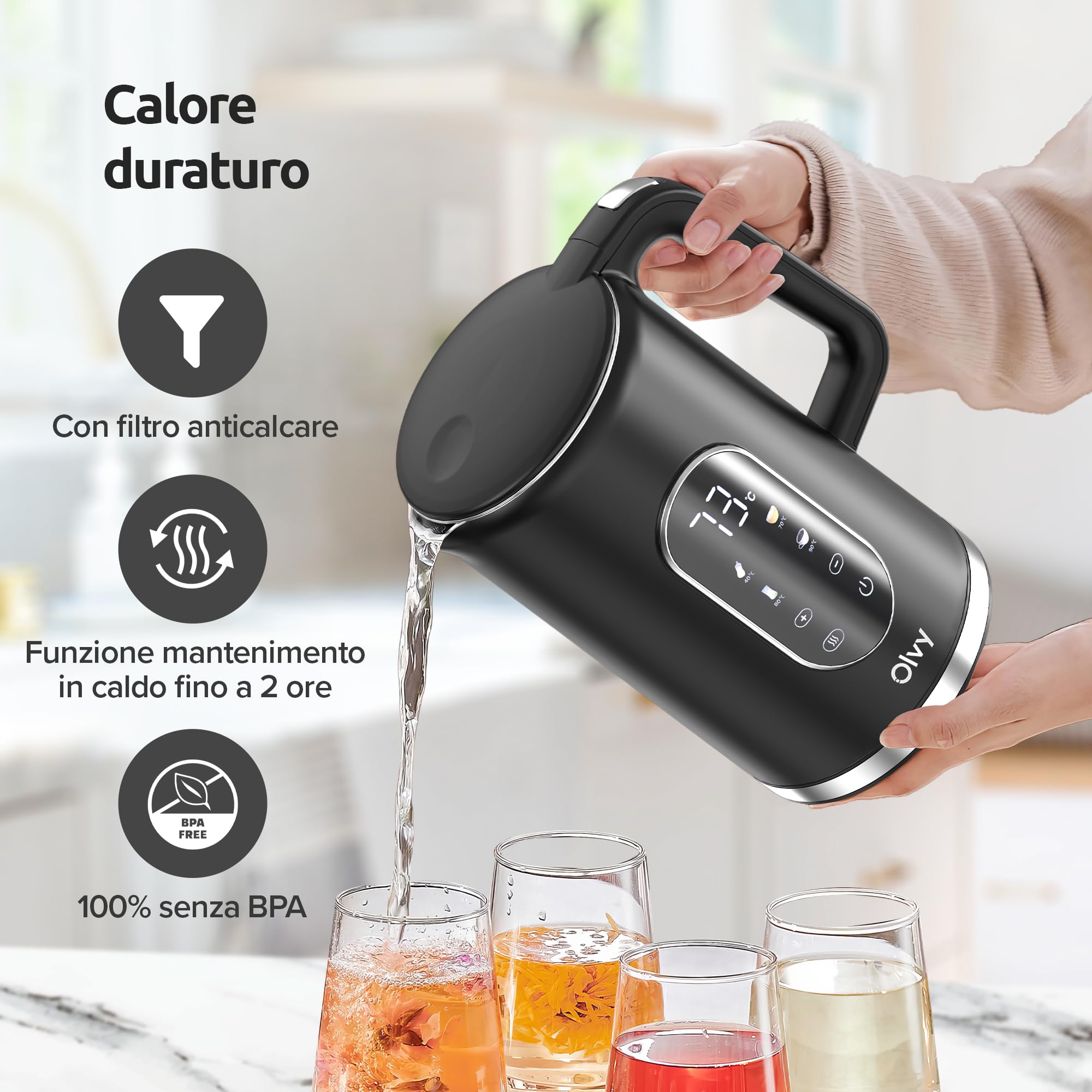 Olvy Bollitore elettrico da 1,7L senza fili, controllo della temperatura e funzione di mantenimento in caldo, doppia parete in acciaio inox Cool-Touch, filtro anticalcare – kettle elettrico 2200W