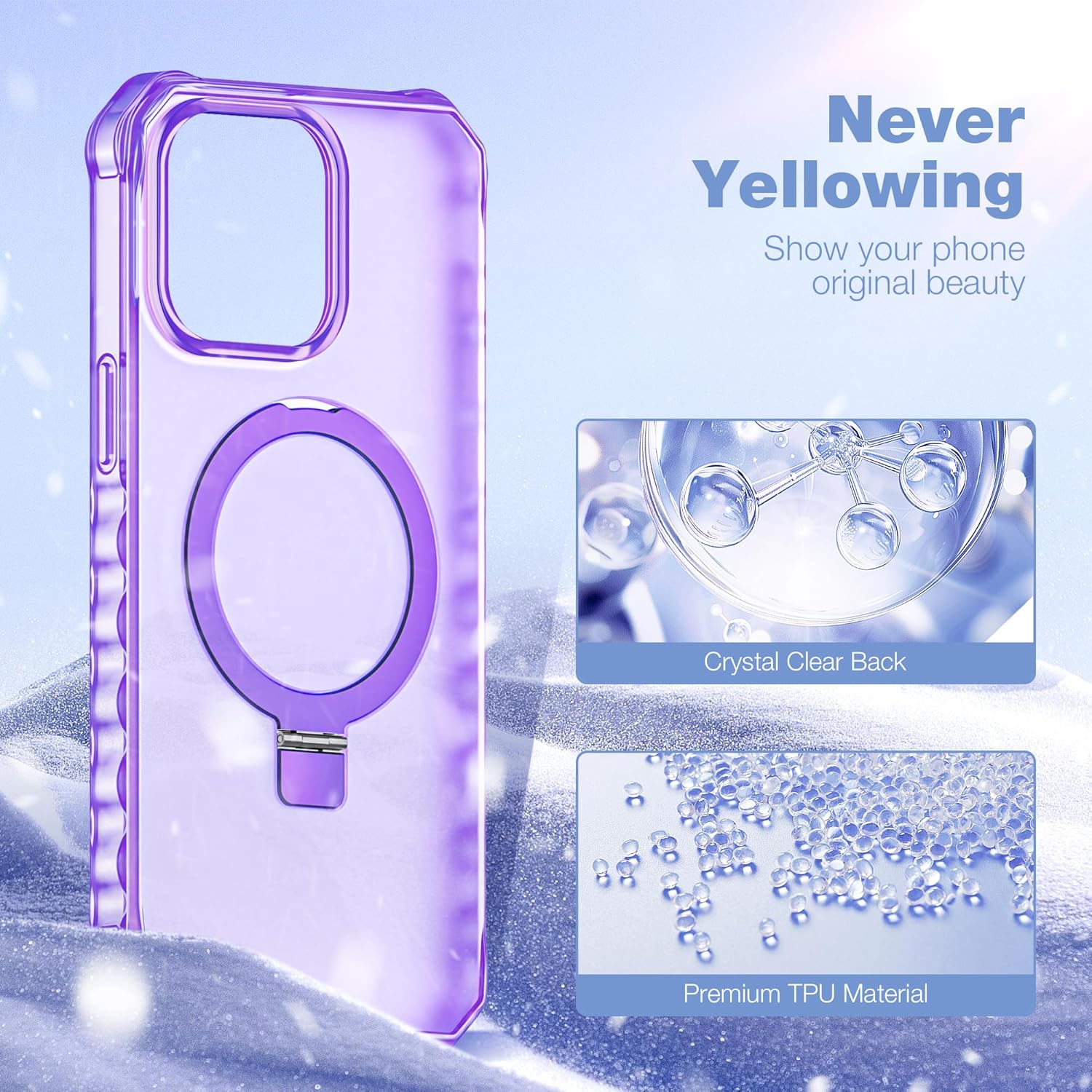 for iPhone 15 Pro Case with Magnetic Stand [Compatible with Mag-Safe] [Military Drop Tested] Translucent Matte 15 Pro Cover with Good Grip Curly Wave Edge for Women 6.1'', Purple