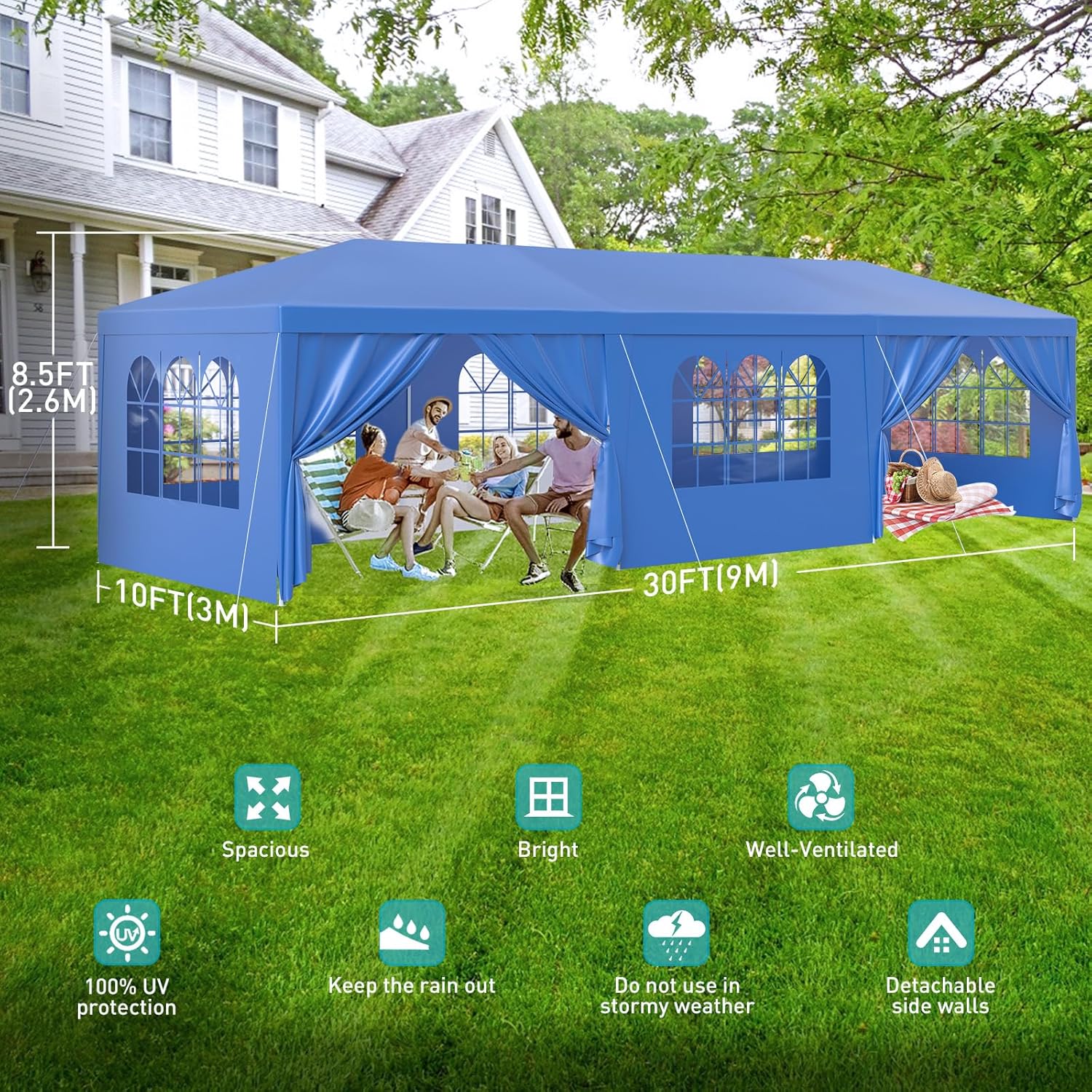 10x30 ft Party Tent, Outdoor Tents for Parties, Outside Blue Event Wedding Birthday Gazebo Tent with 8 Removable Sidewalls and Transparent Windows for Backyard, Patio, Garden
