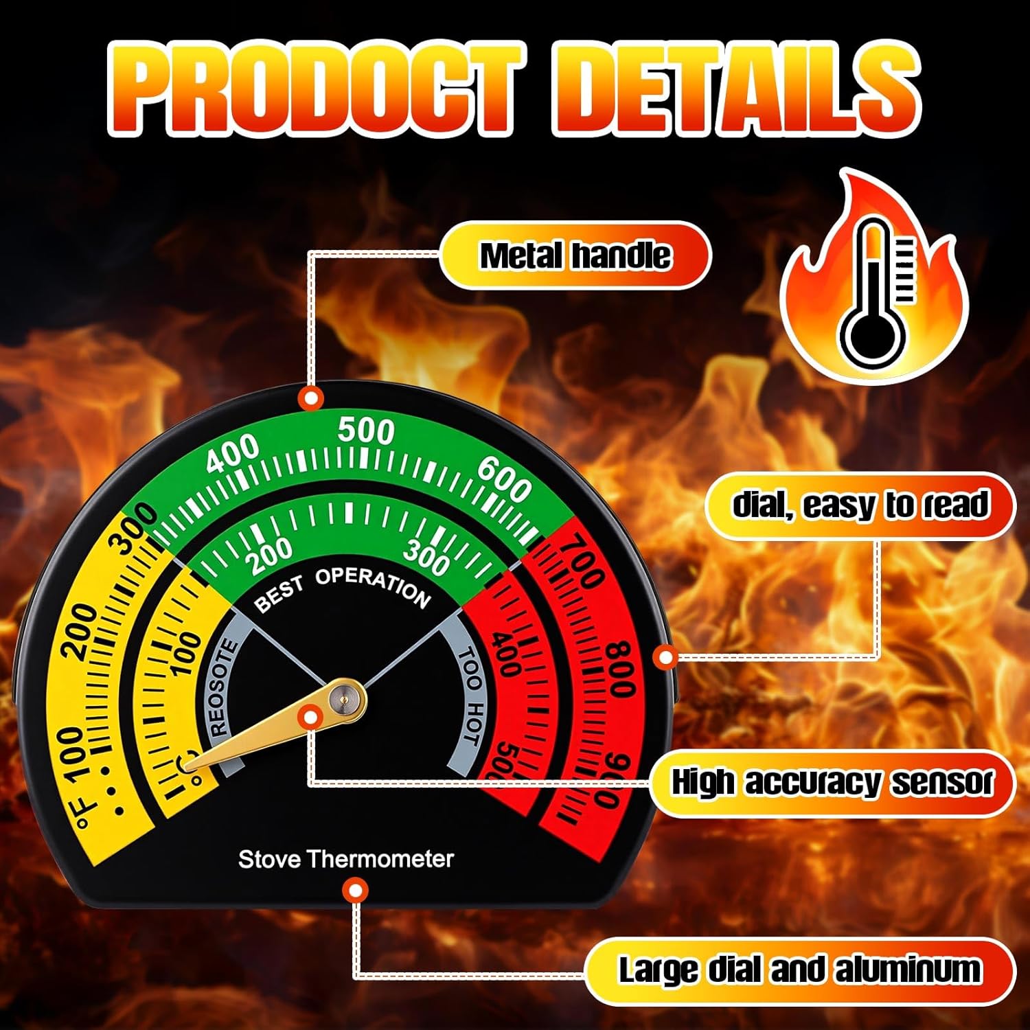 Frienda 2 Pcs 3.35 inch Large Dial Wood Stove Thermometer Magnetic Gas Oven Temperature Gauge Fire Stove Pipe Thermometer for Wood Burning Top Gas Pellet Fireplace Flue Avoiding Overheat Destroyed - Image 2