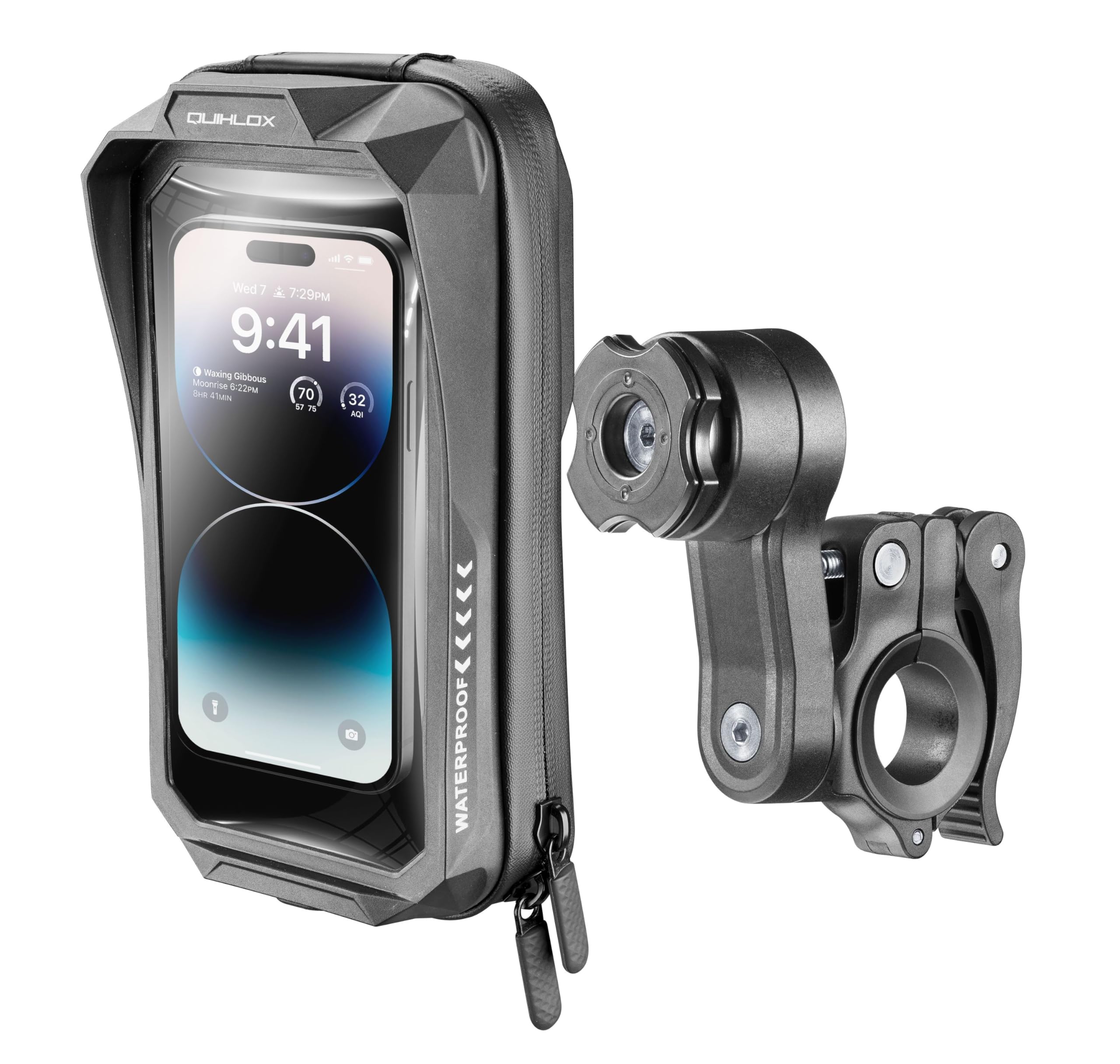 Interphone Universal-Schutzhülle für Motorrad bis 17,8 cm (7 Zoll), wasserdicht, mit Handyhalterung mit rundem Lenker, QUIKLOX-System, kompatibel mit Quiklox-Zubehör